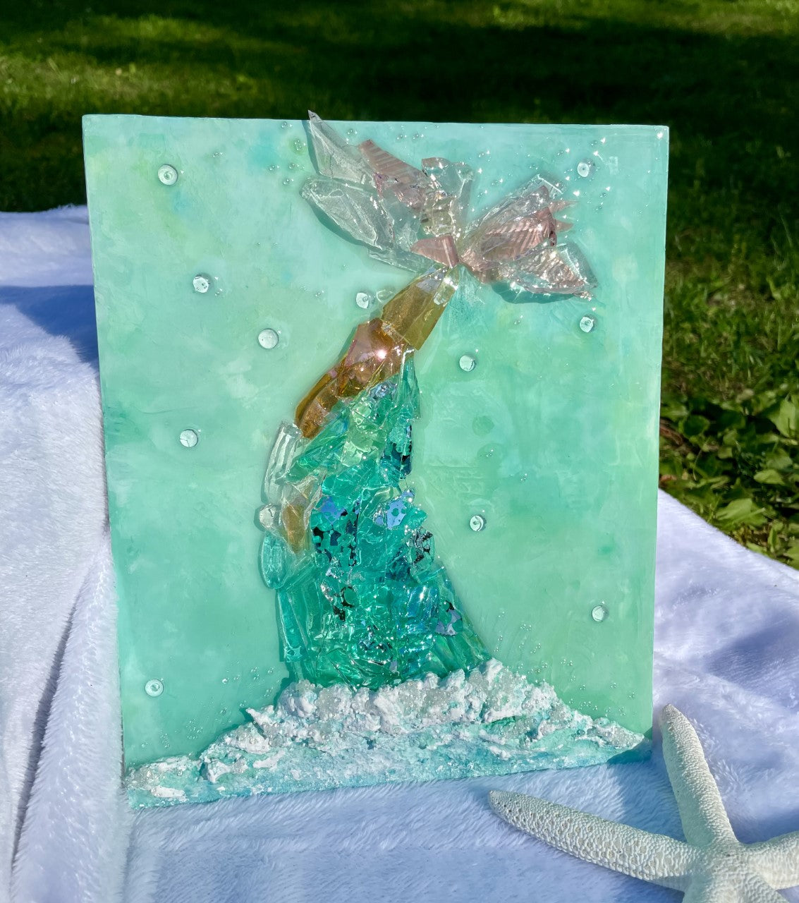 Aqua crushed glass mermaid tail and resin home decor