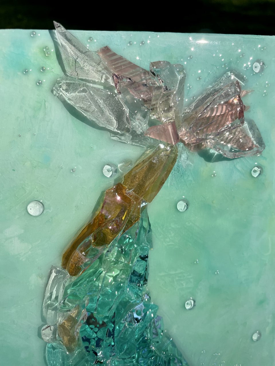 Aqua crushed glass mermaid tail and resin home decor