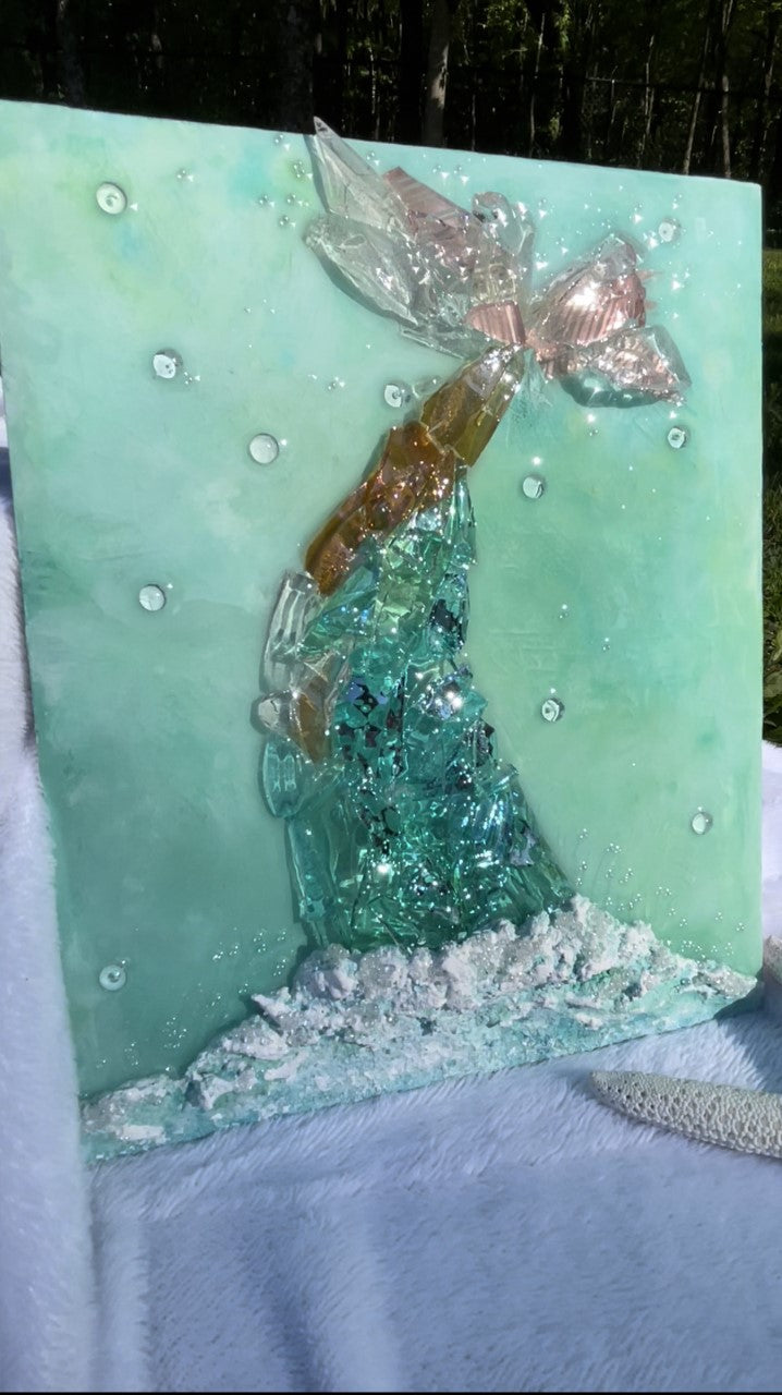 Aqua crushed glass mermaid tail and resin home decor