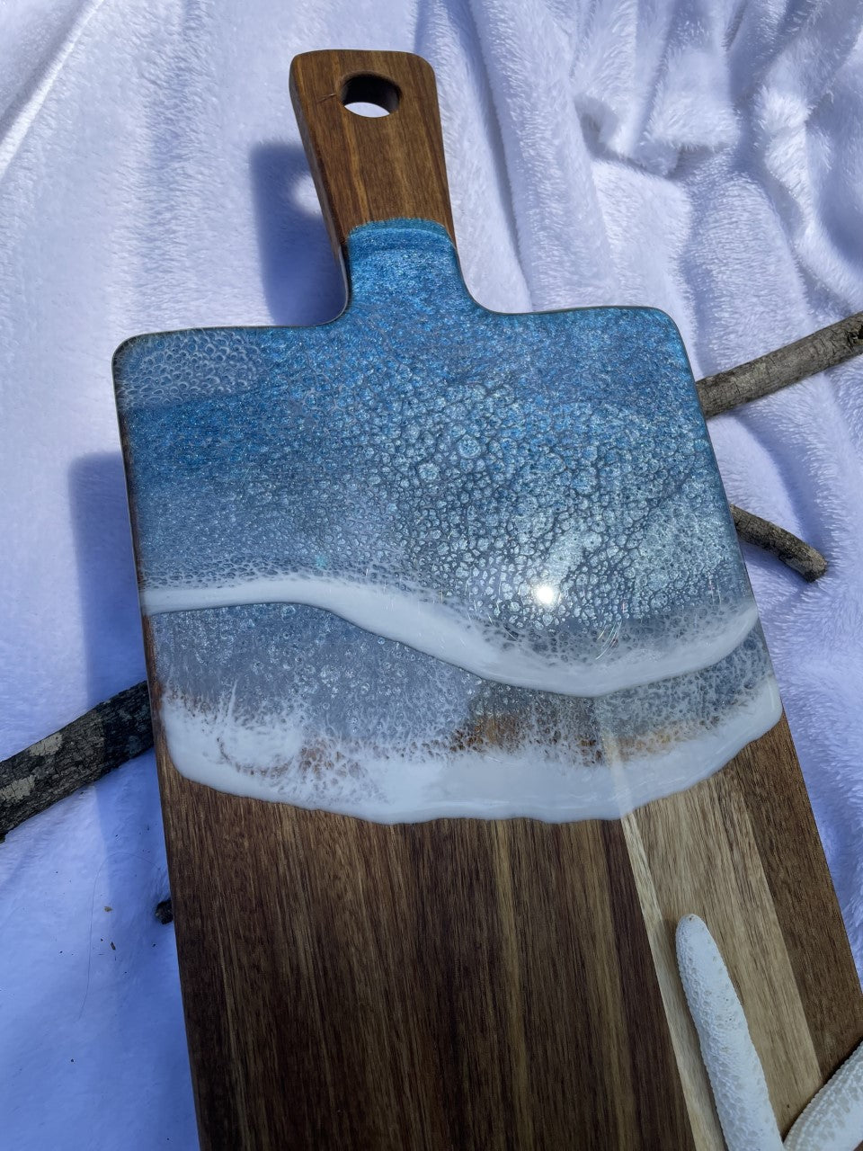 Iridescent blue resin ocean wave charcuterie board/platter