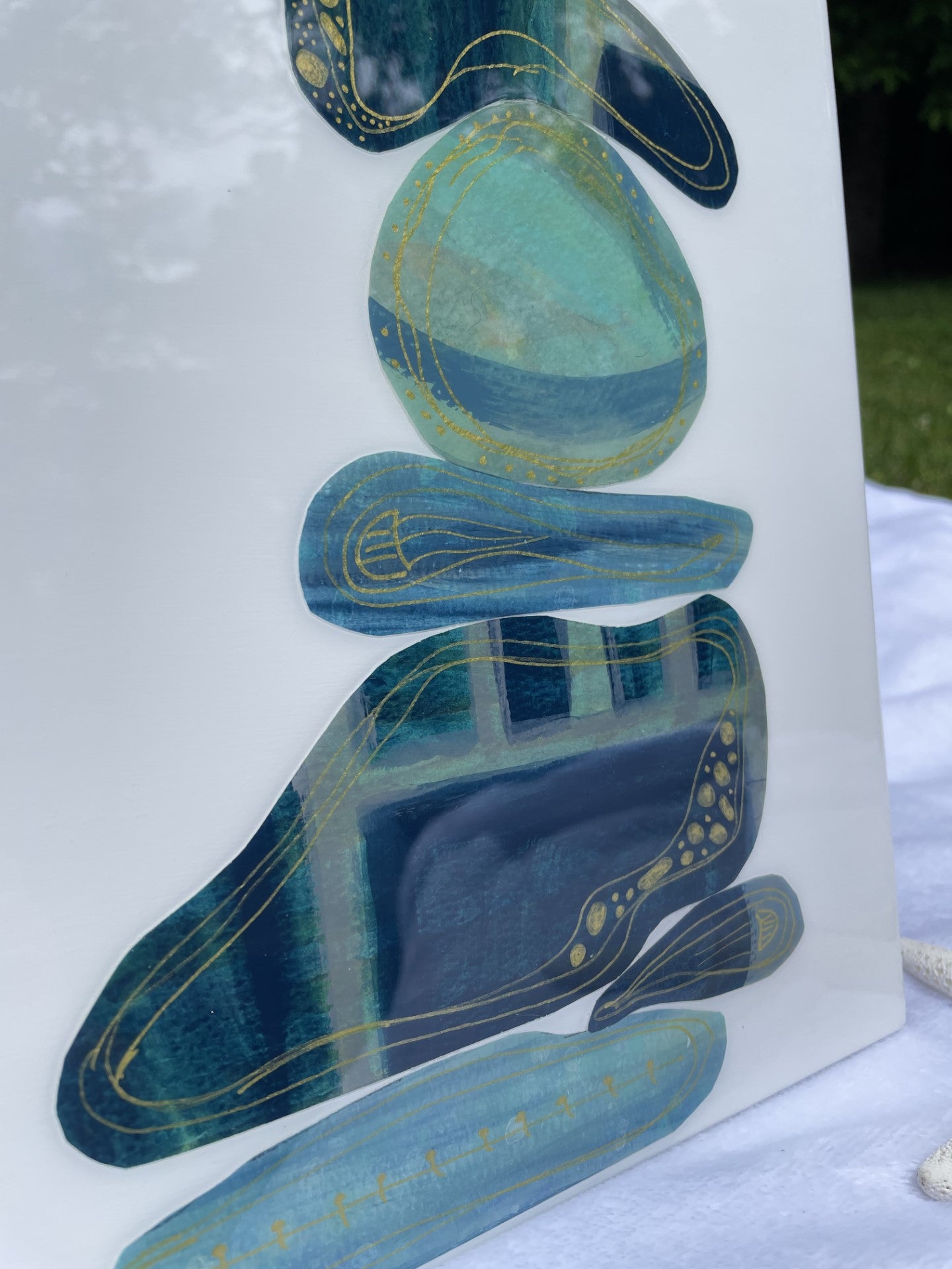Balancing Rocks abstract wall art in blues with gold accents