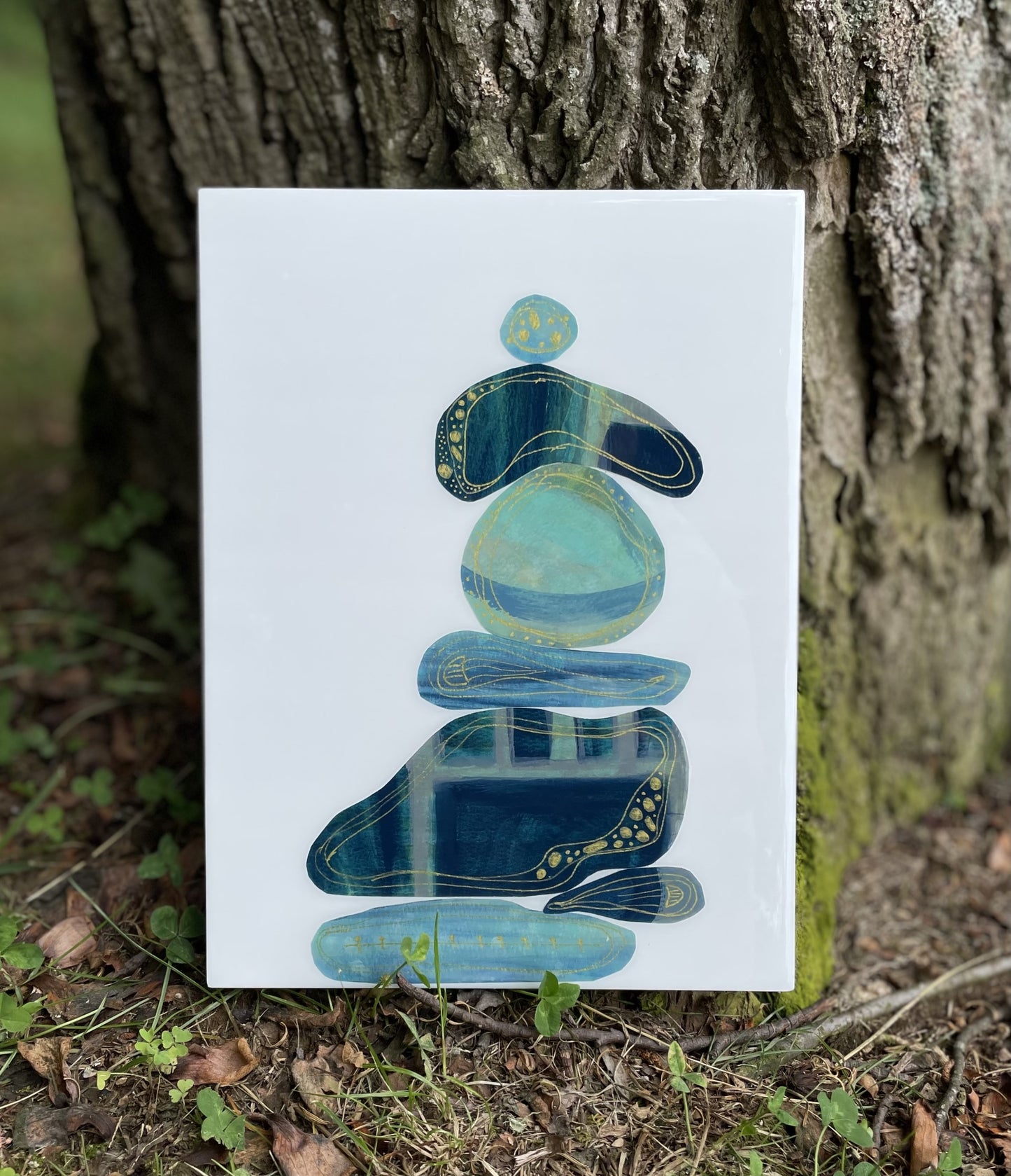 Balancing Rocks abstract wall art in blues with gold accents