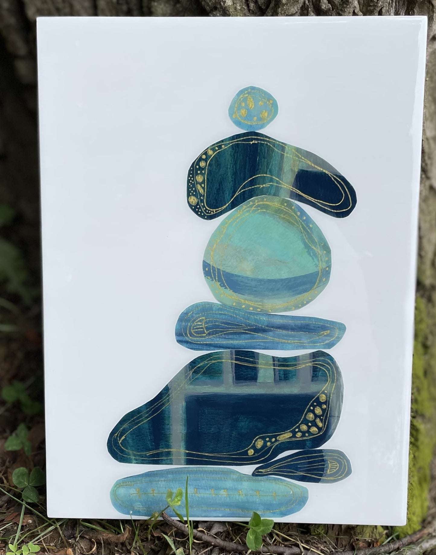 Balancing Rocks abstract wall art in blues with gold accents