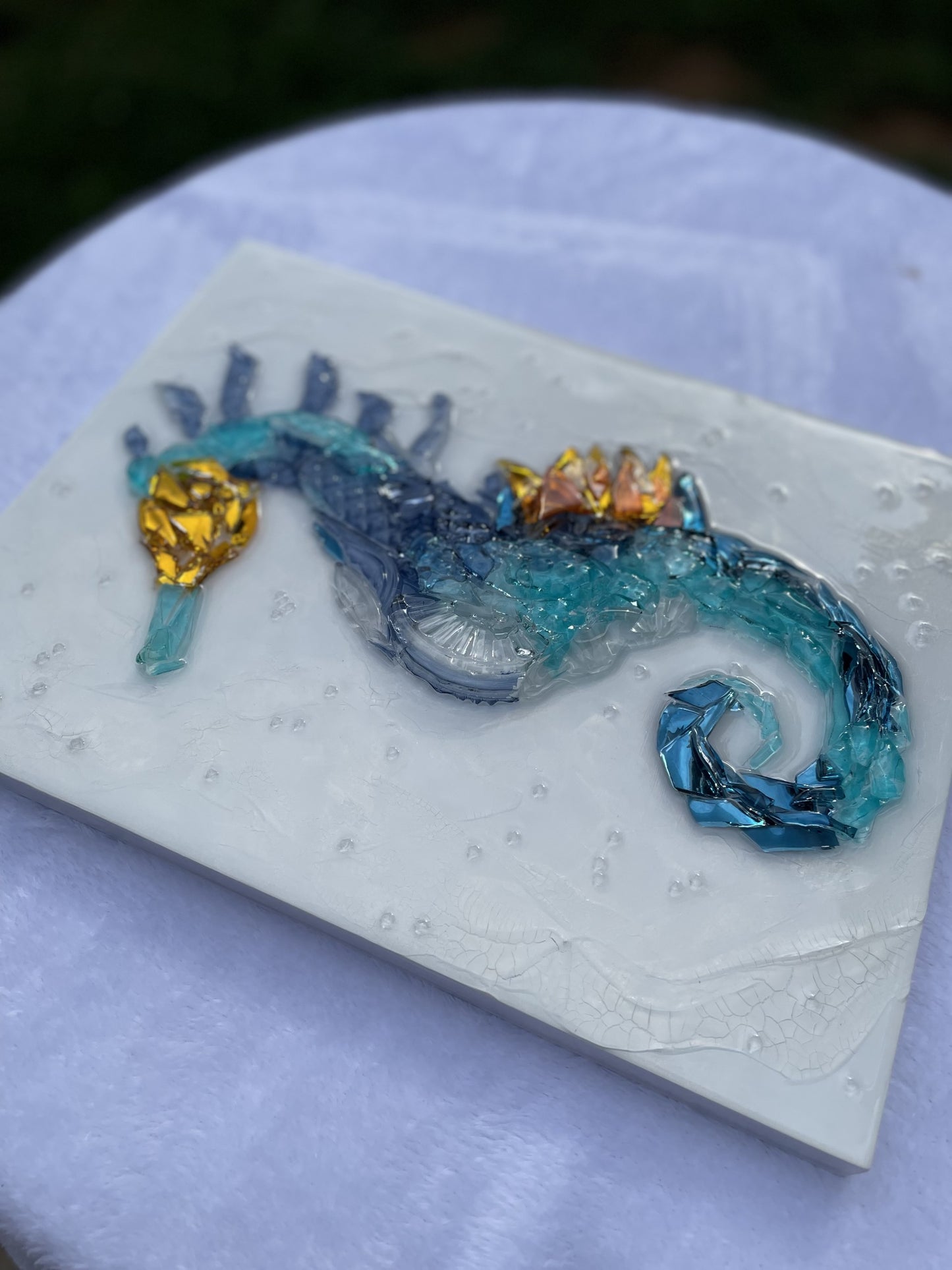Colorful shattered glass and resin seahorse wall decor