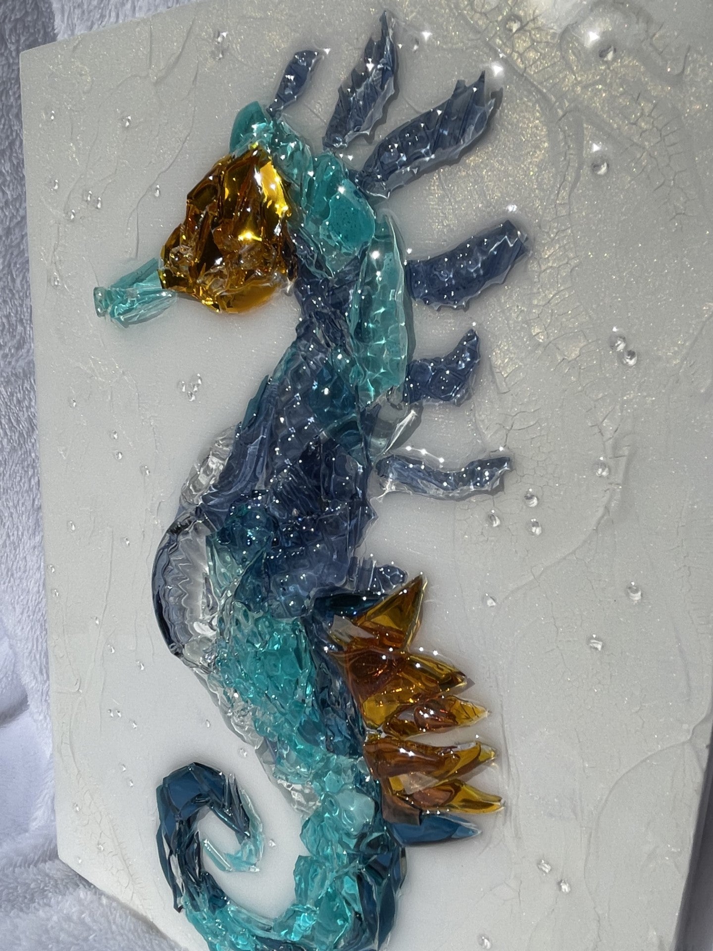 Colorful shattered glass and resin seahorse wall decor