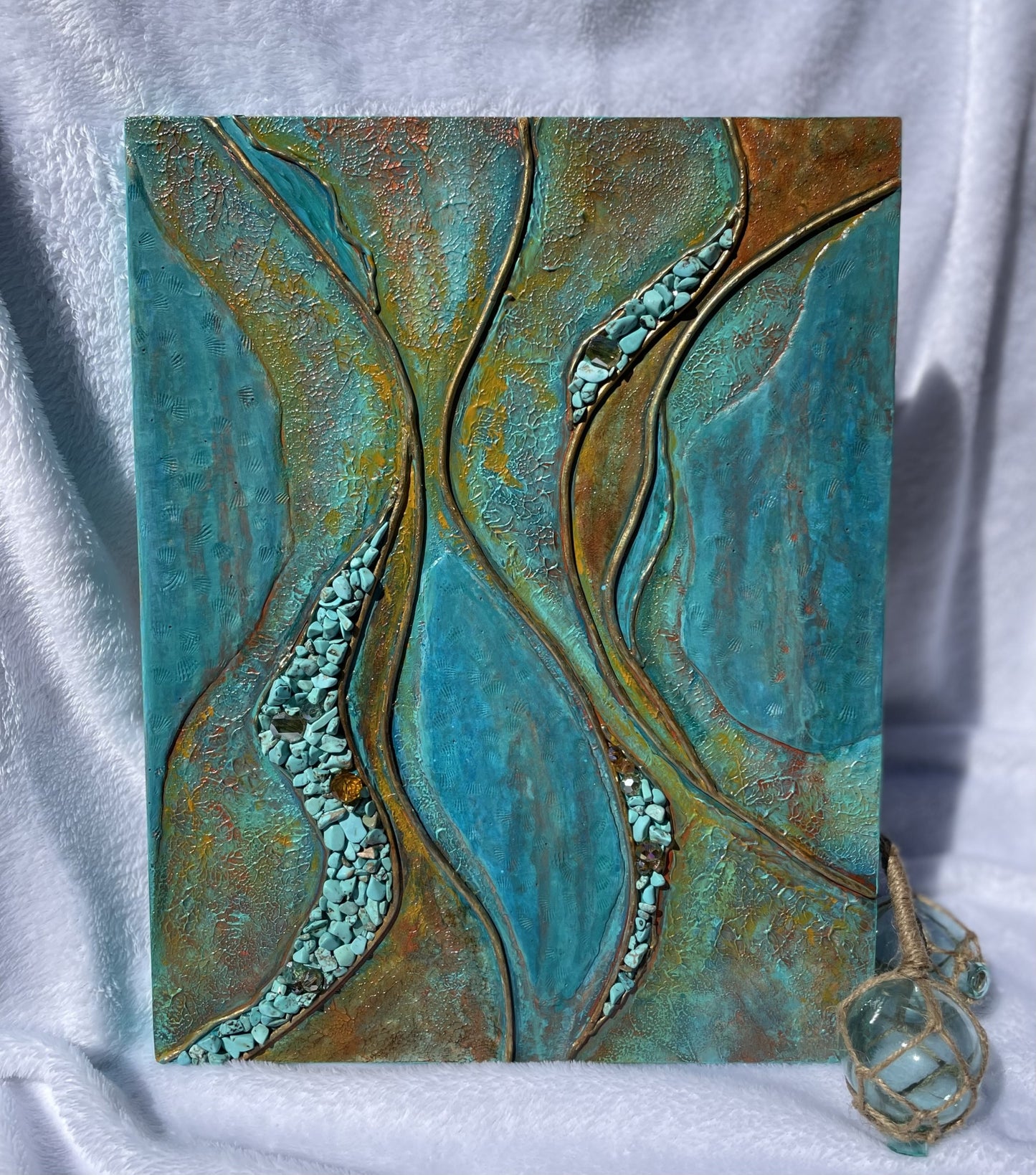 Turquoise acrylic and Clay Abstract wall art/Contemporary Art