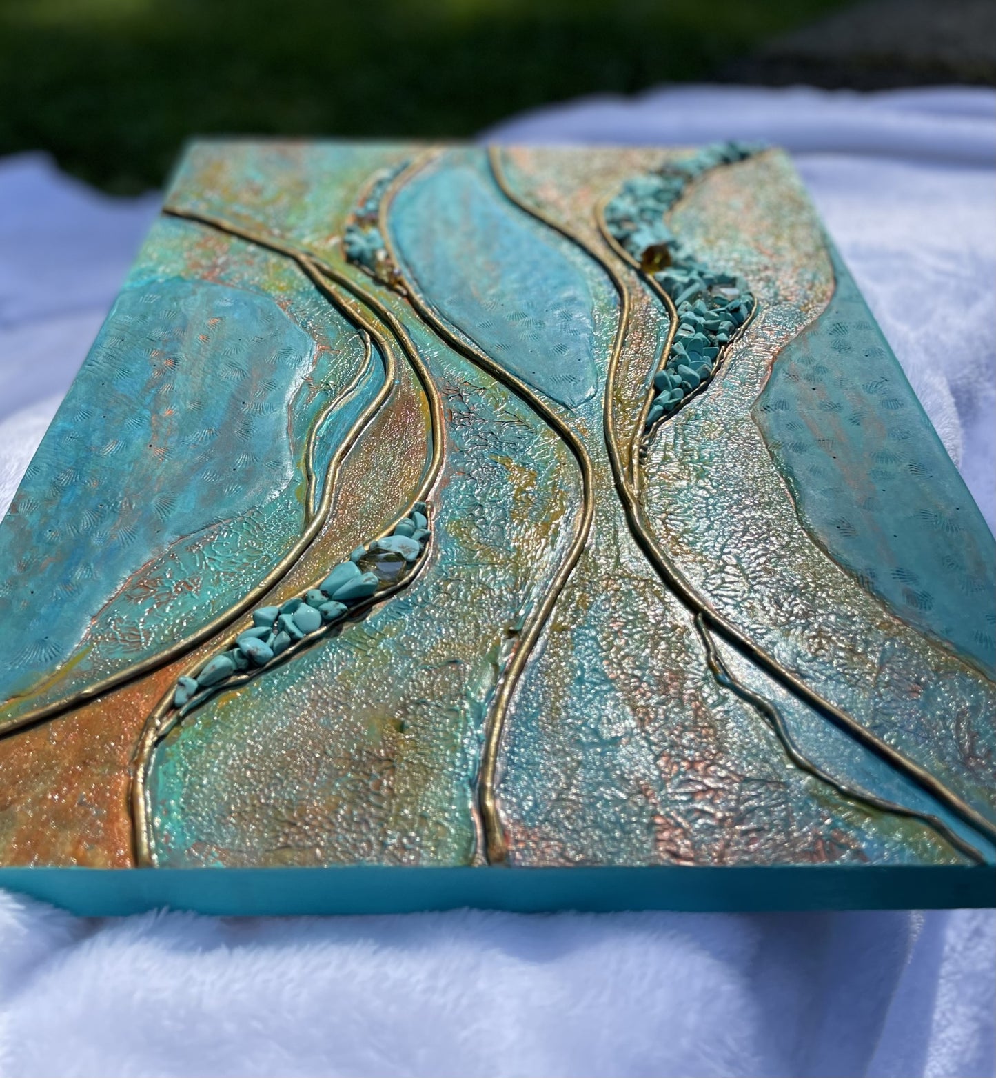 Turquoise acrylic and Clay Abstract wall art/Contemporary Art