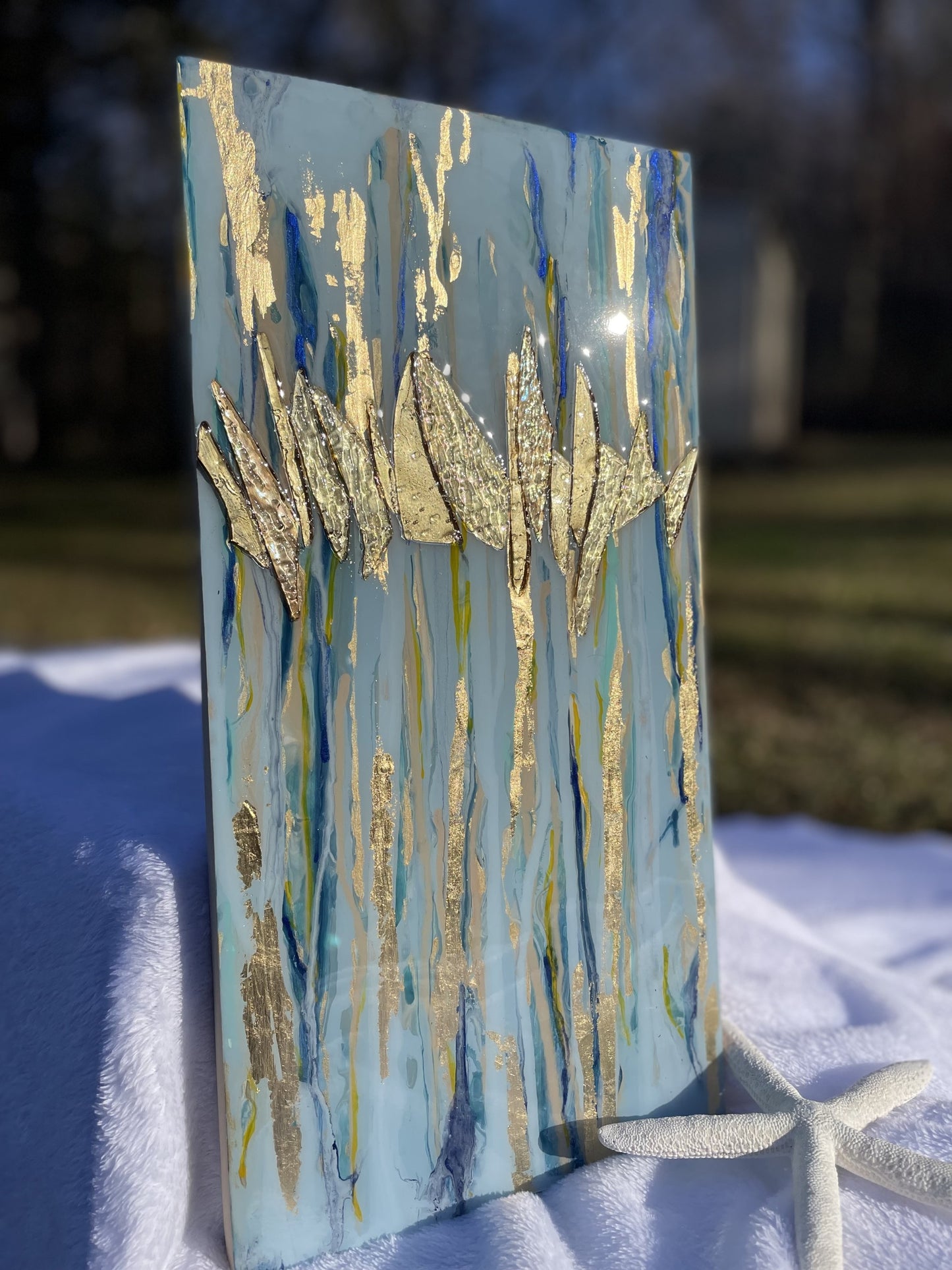 Contemporary Coastal Art with beautiful blues and gold
