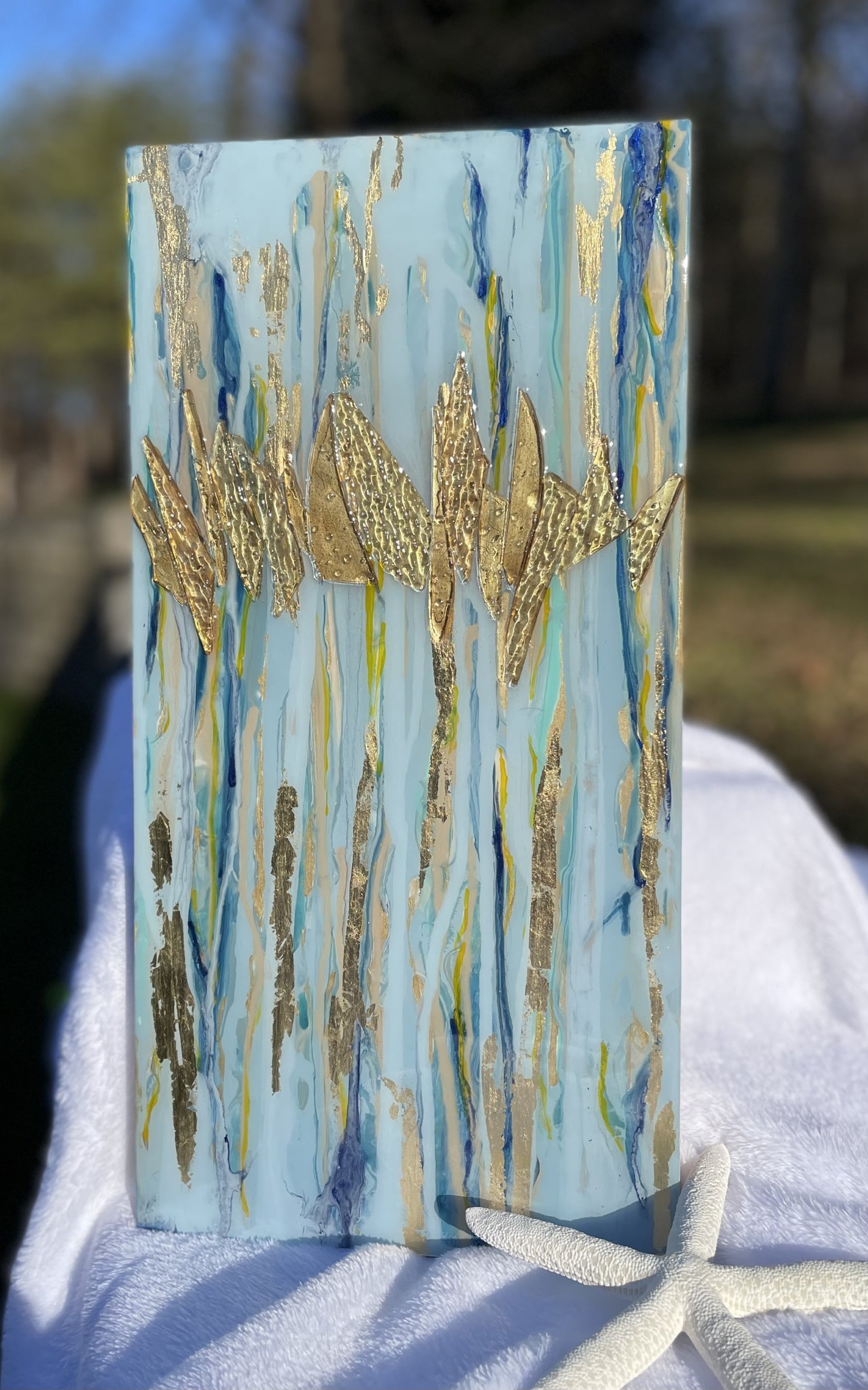 Contemporary Coastal Art with beautiful blues and gold