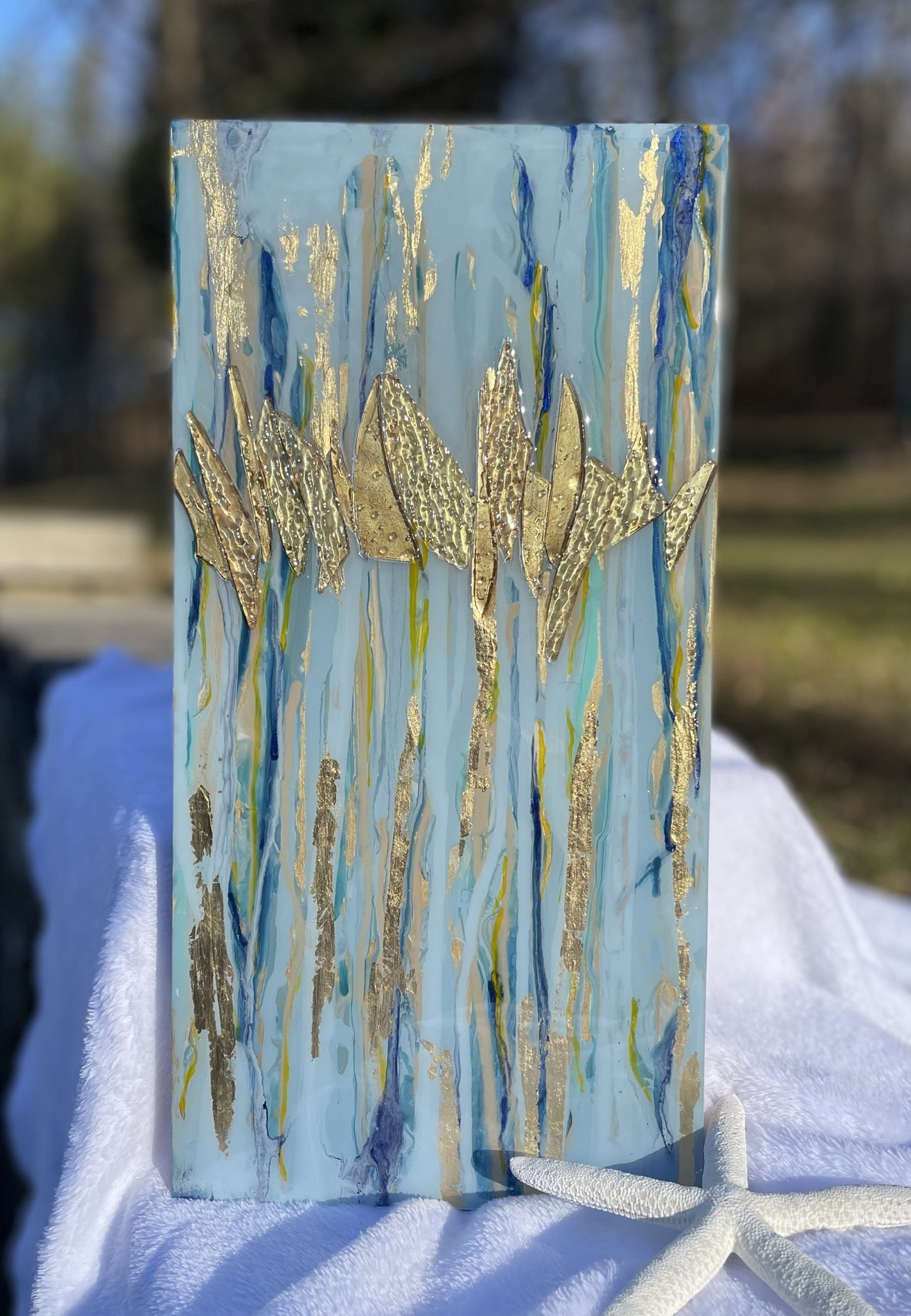 Contemporary Coastal Art with beautiful blues and gold