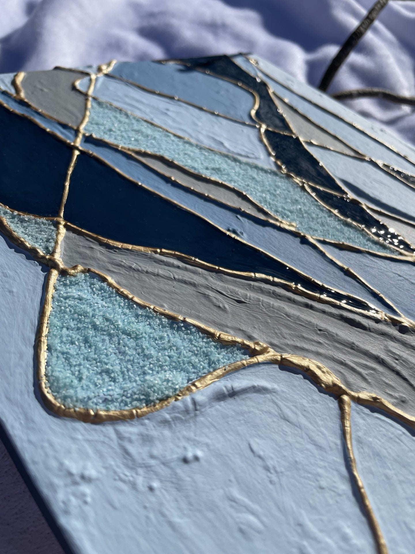 Monochromatic Blue with Gold Kintsugi style wall art| Contemporary Art