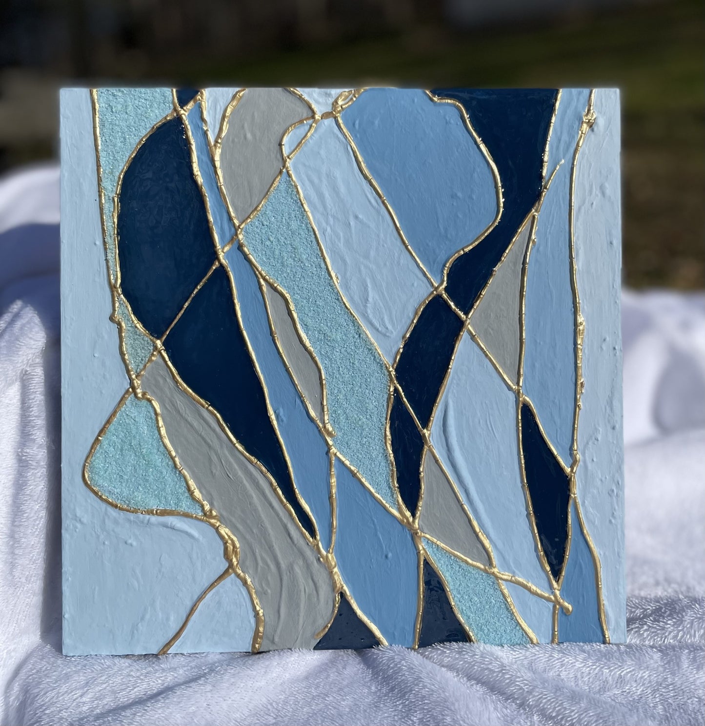 Monochromatic Blue with Gold Kintsugi style wall art| Contemporary Art