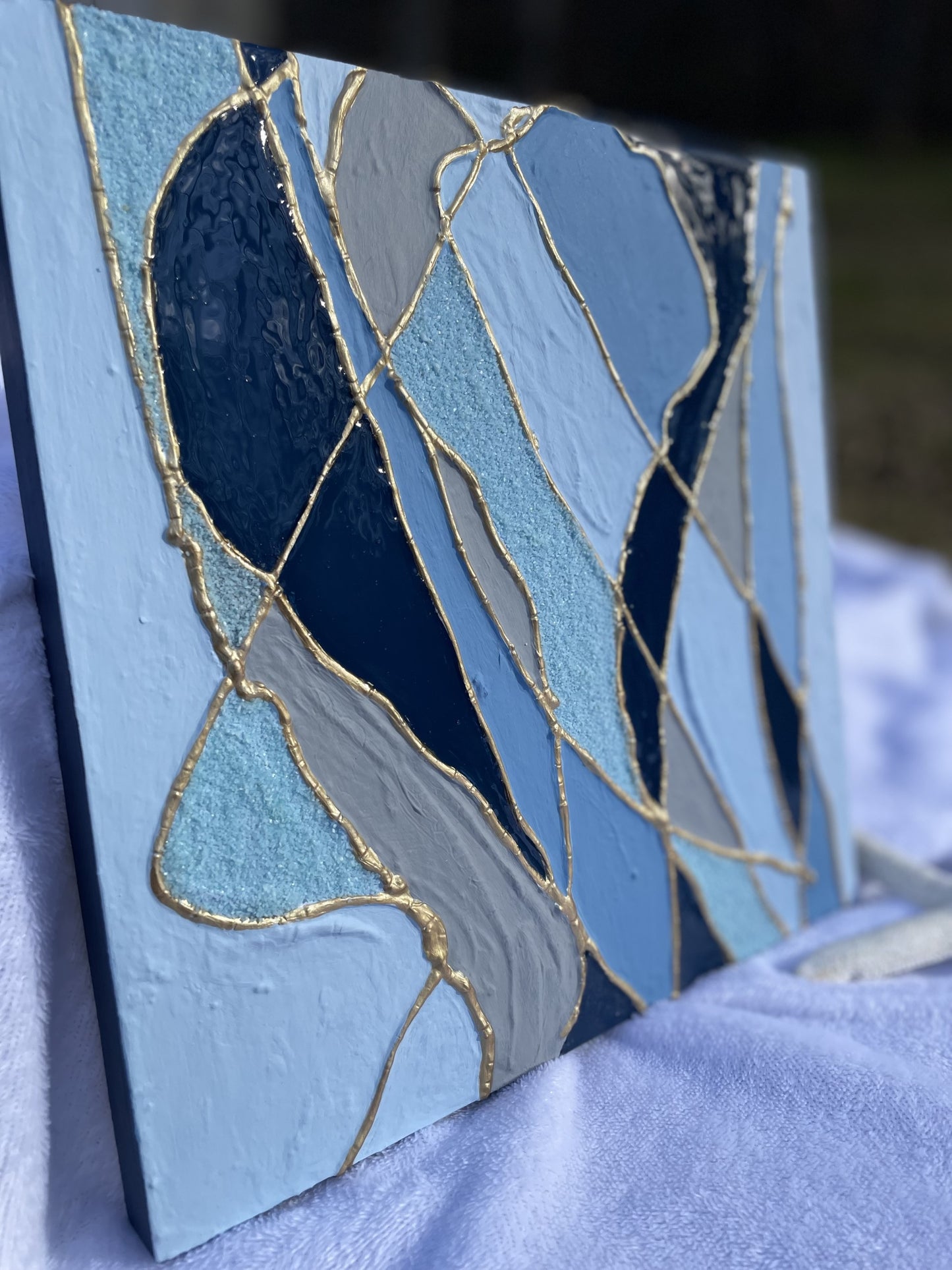 Monochromatic Blue with Gold Kintsugi style wall art| Contemporary Art