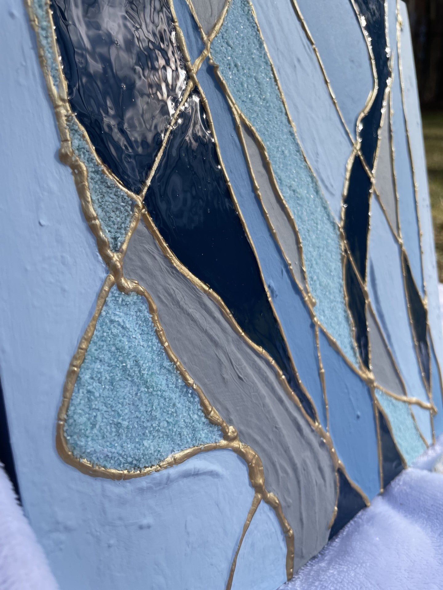 Monochromatic Blue with Gold Kintsugi style wall art| Contemporary Art