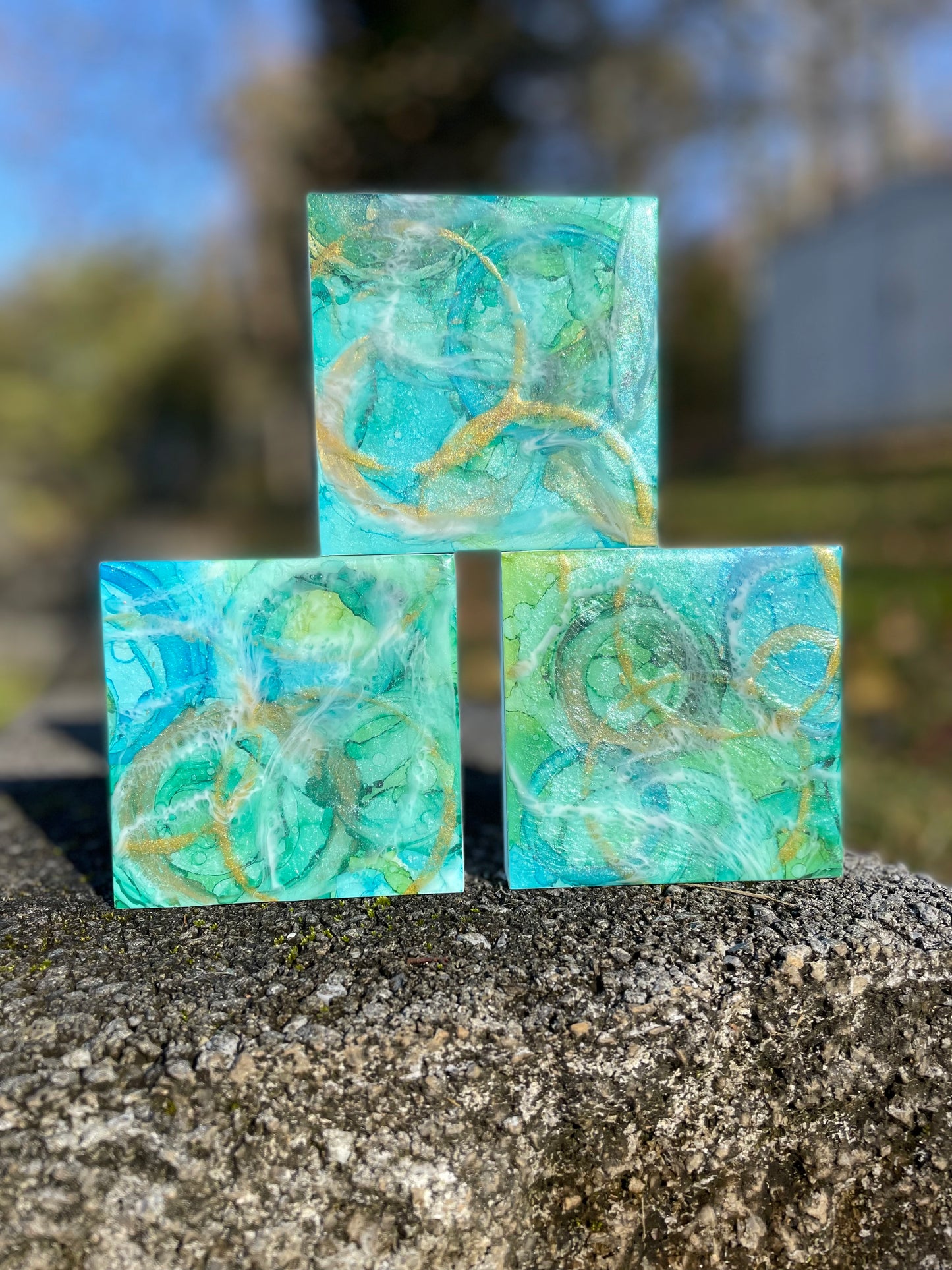 Triptych in blues 4x4 alcohol ink painting and resin wall decor