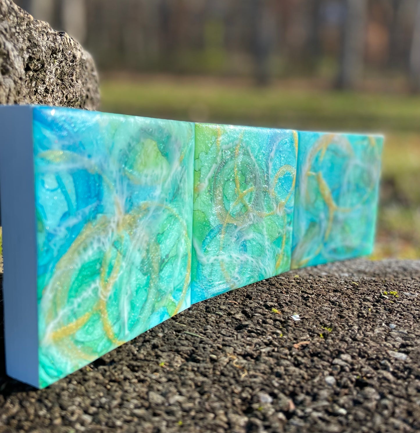 Triptych in blues 4x4 alcohol ink painting and resin wall decor