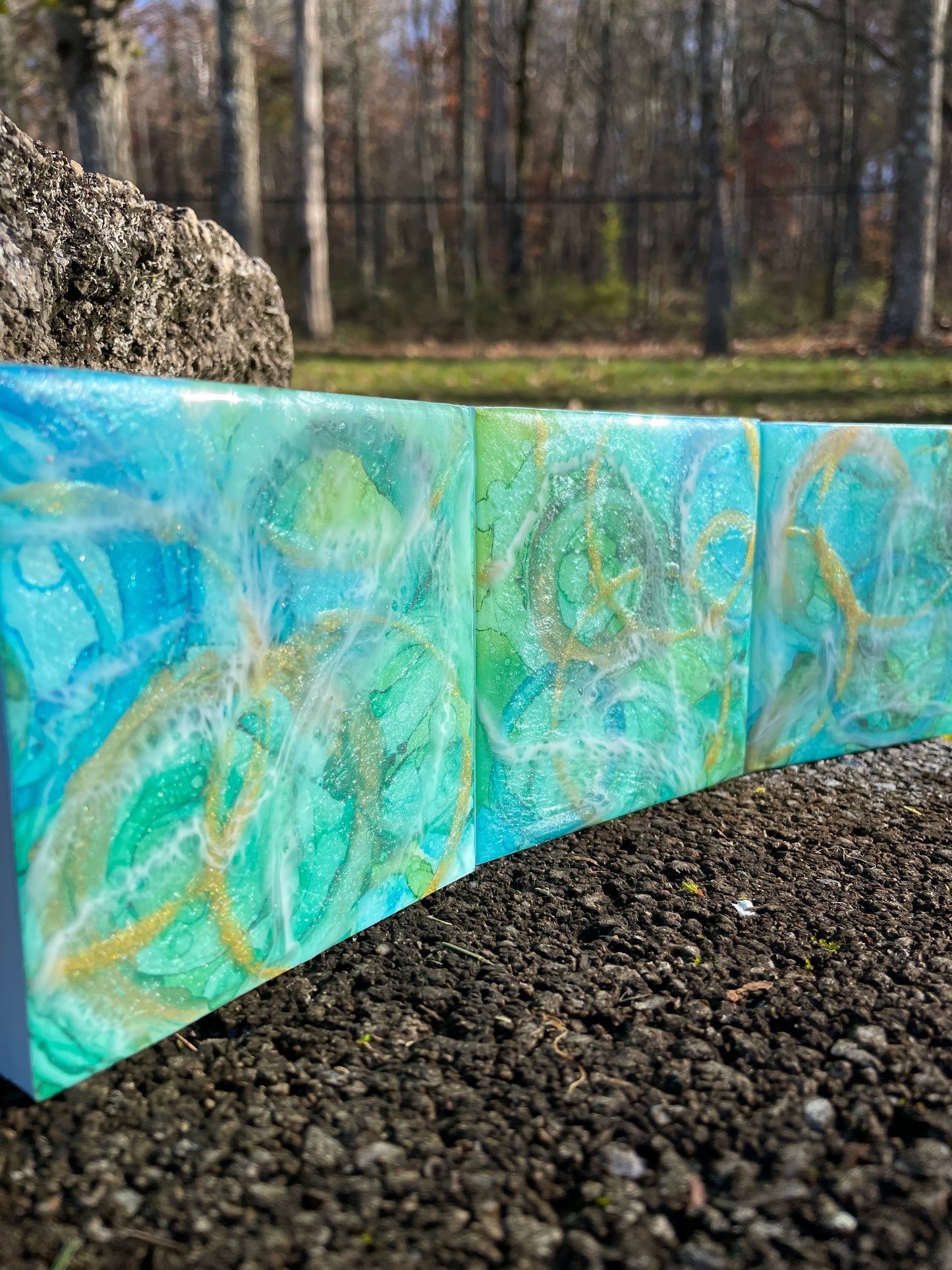 Triptych in blues 4x4 alcohol ink painting and resin wall decor