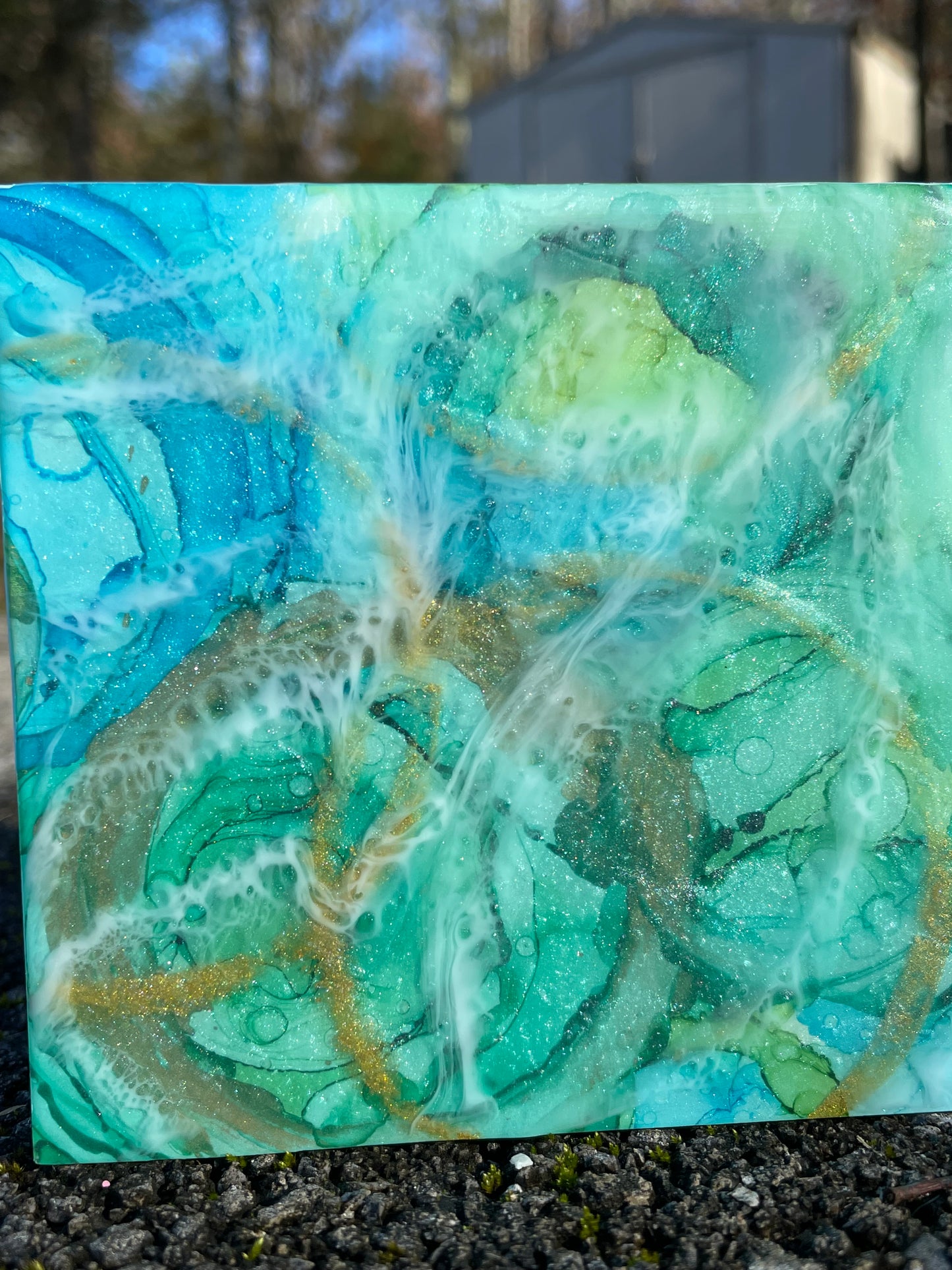Triptych in blues 4x4 alcohol ink painting and resin wall decor