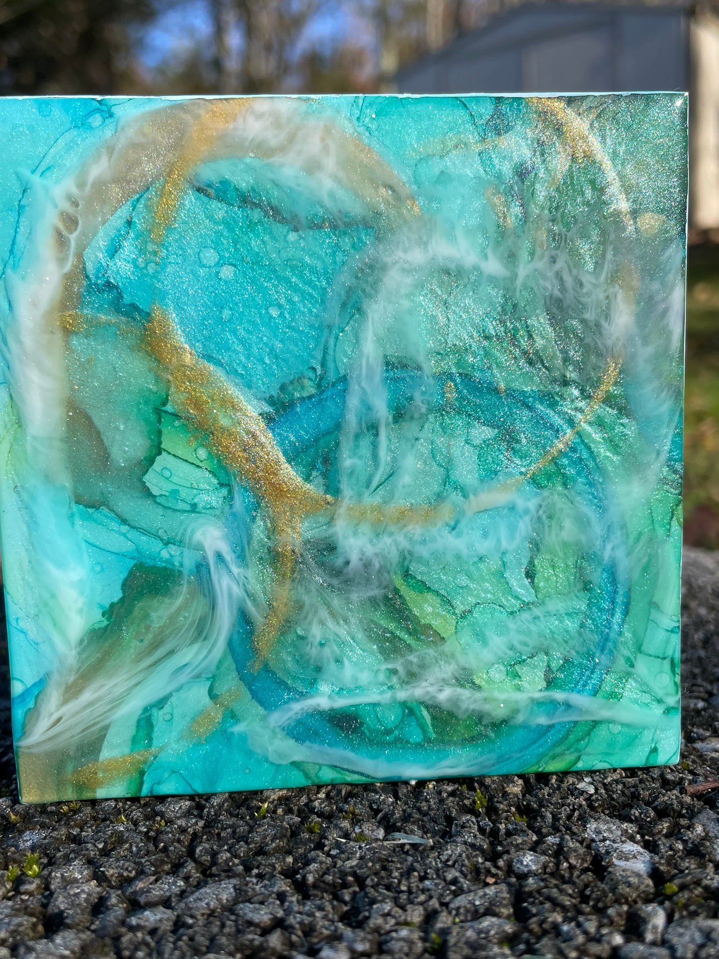 Triptych in blues 4x4 alcohol ink painting and resin wall decor