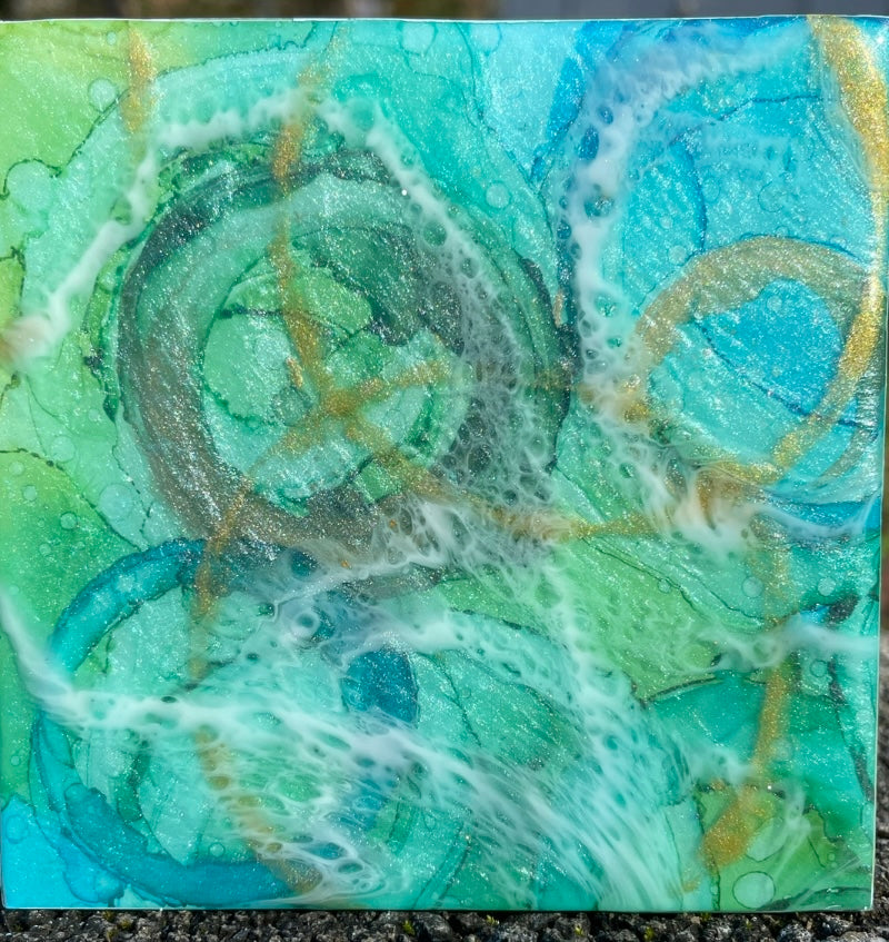Triptych in blues 4x4 alcohol ink painting and resin wall decor