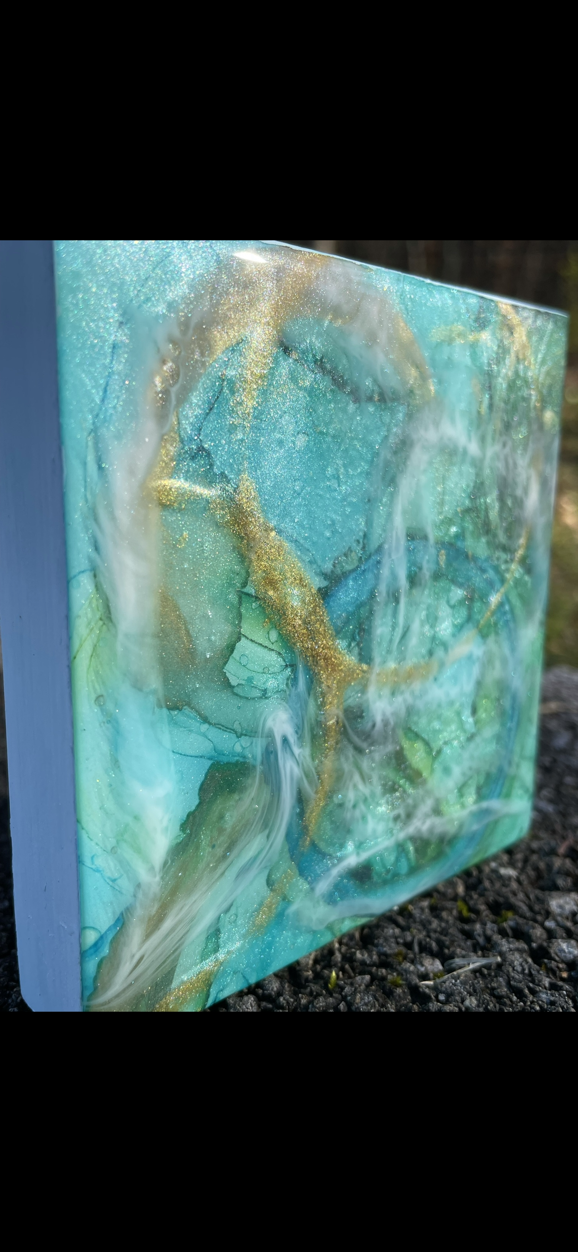 Triptych in blues 4x4 alcohol ink painting and resin wall decor