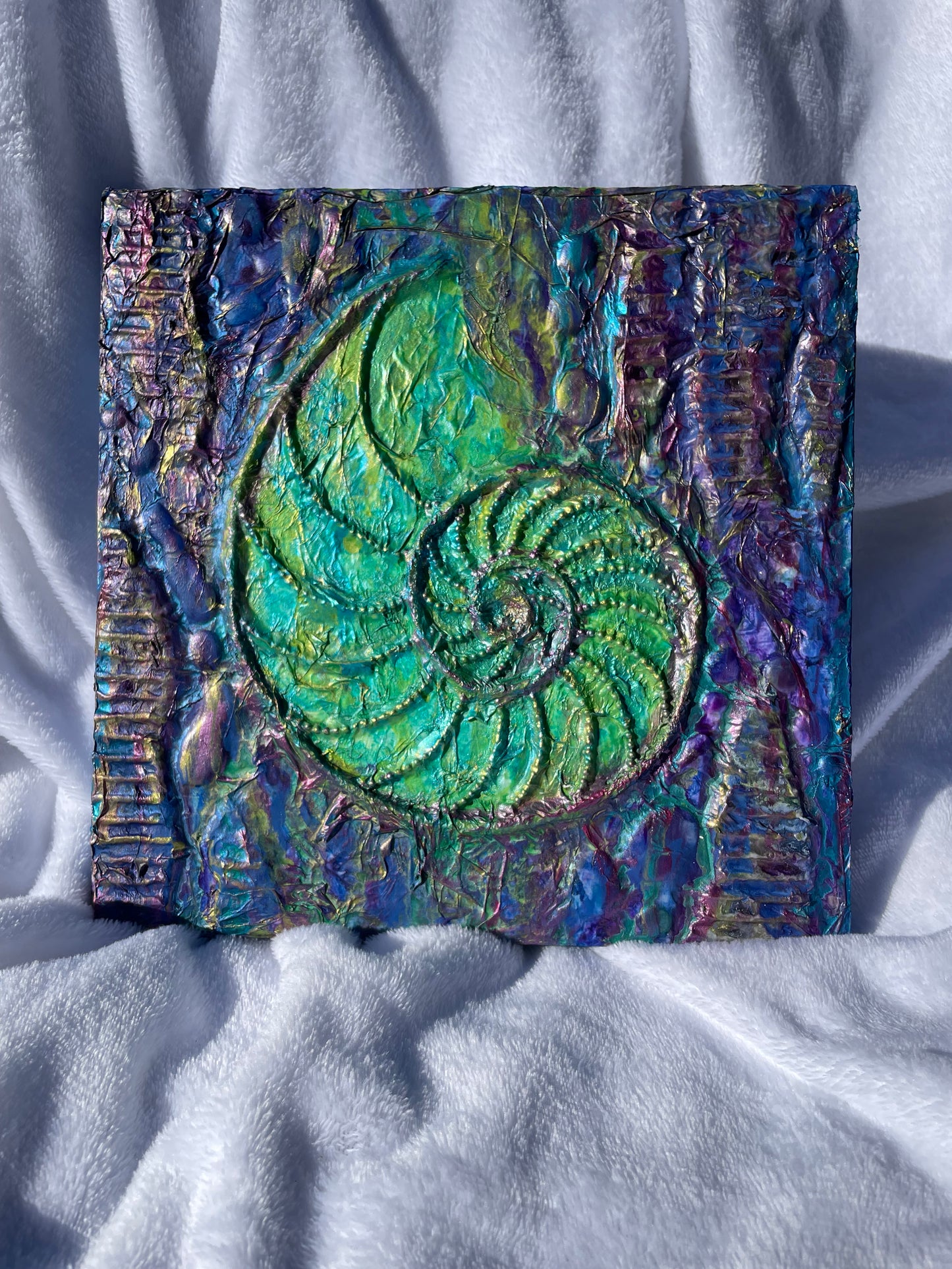 Mixed-media Nautilus shell coastal wall art
