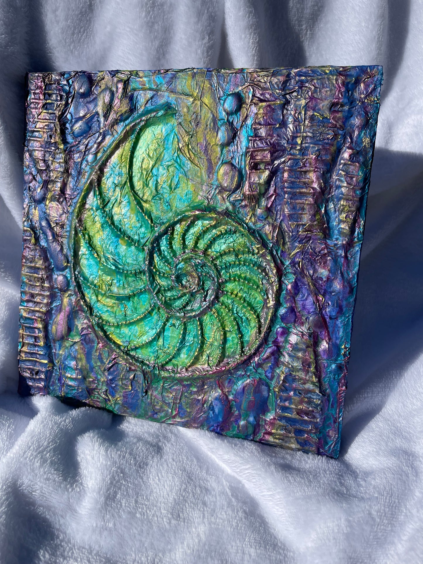 Mixed-media Nautilus shell coastal wall art
