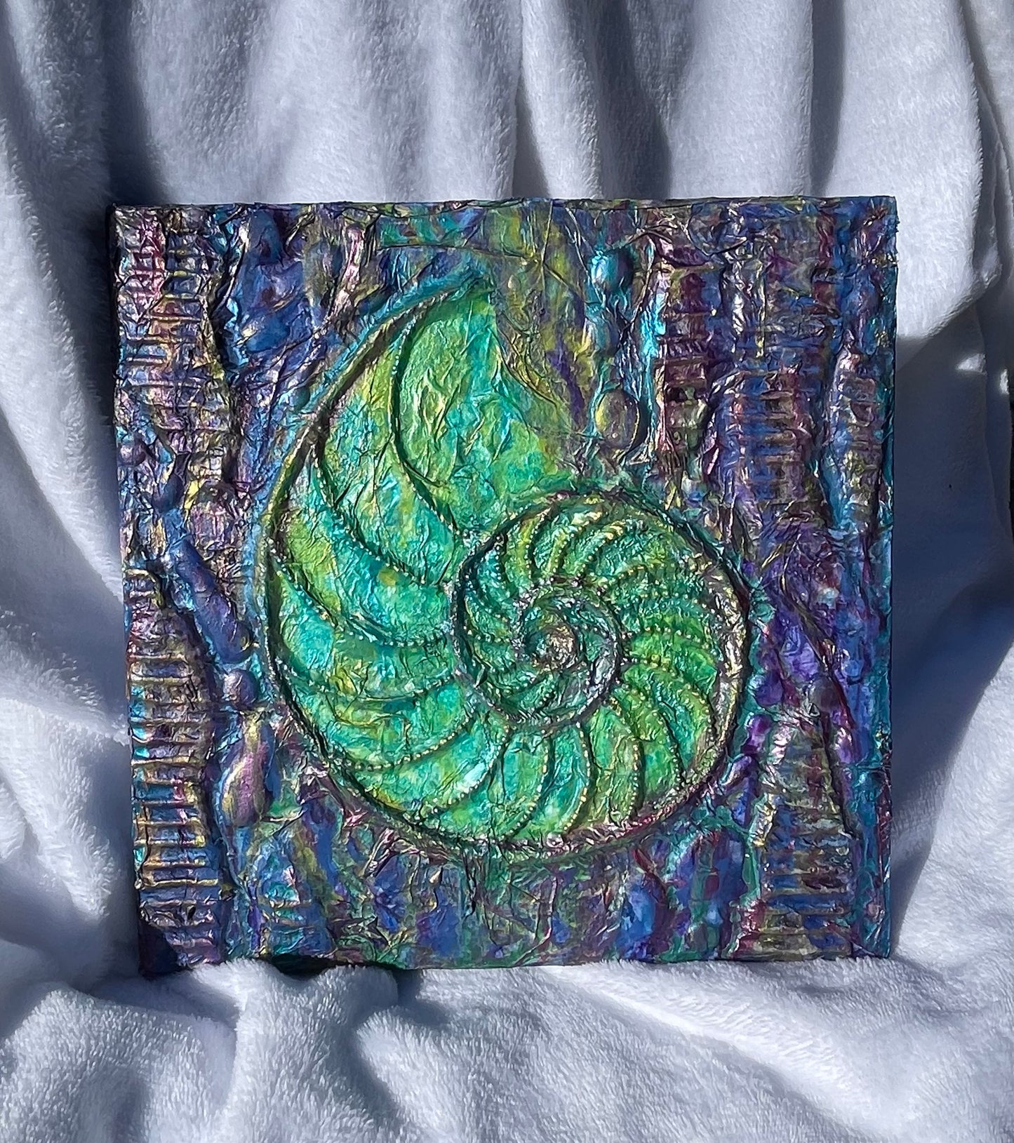 Mixed-media Nautilus shell coastal wall art