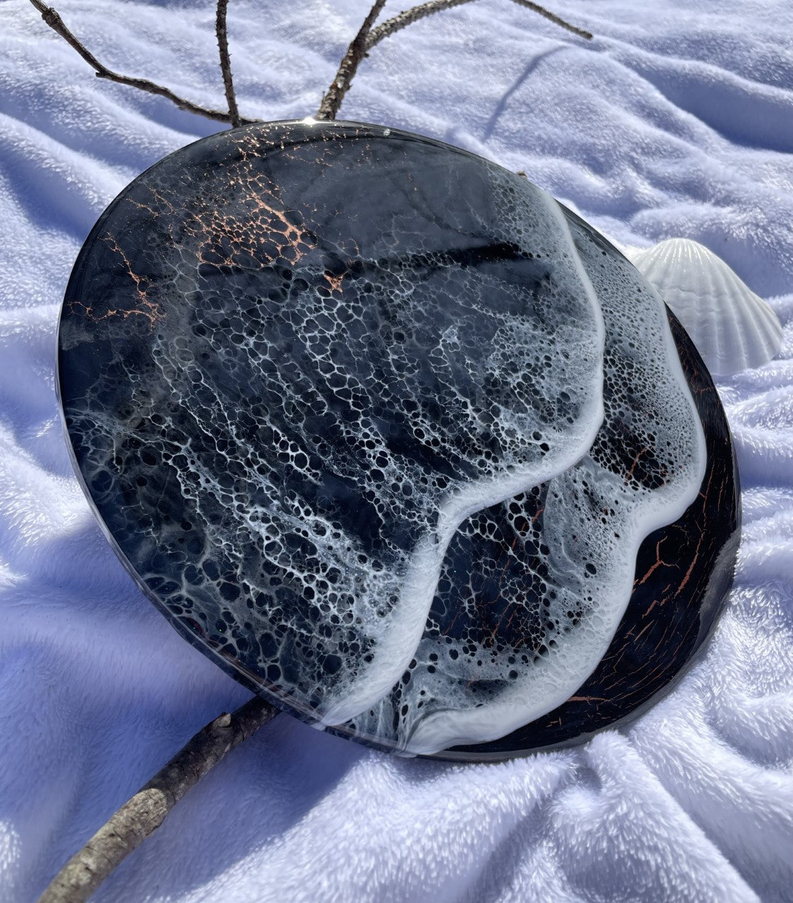 Moody resin ocean and waves in black and copper wall art