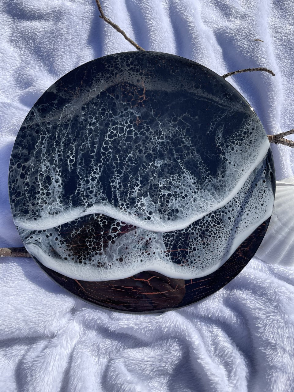 Moody resin ocean and waves in black and copper wall art