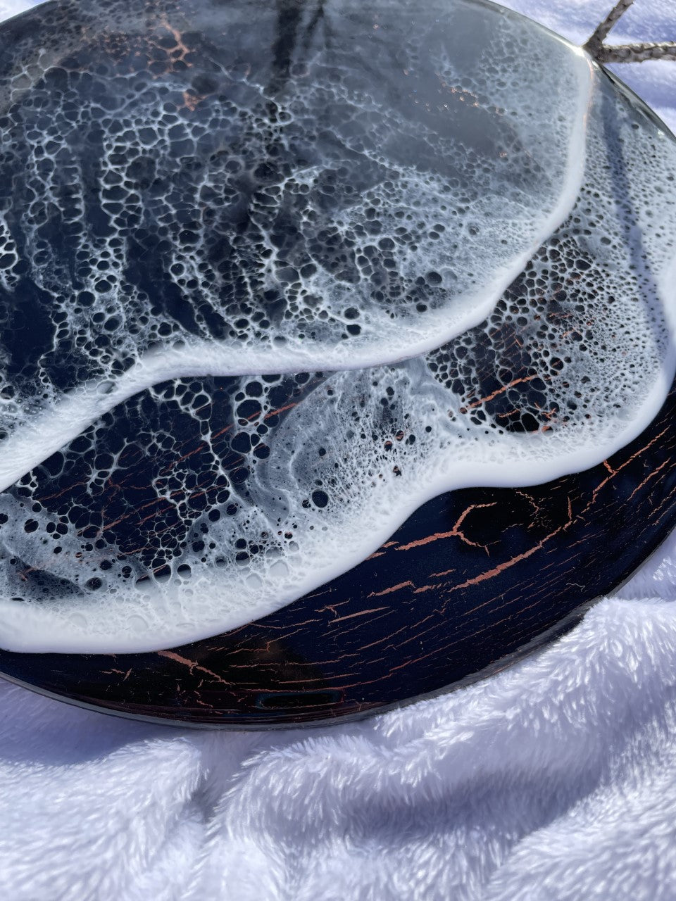 Moody resin ocean and waves in black and copper wall art