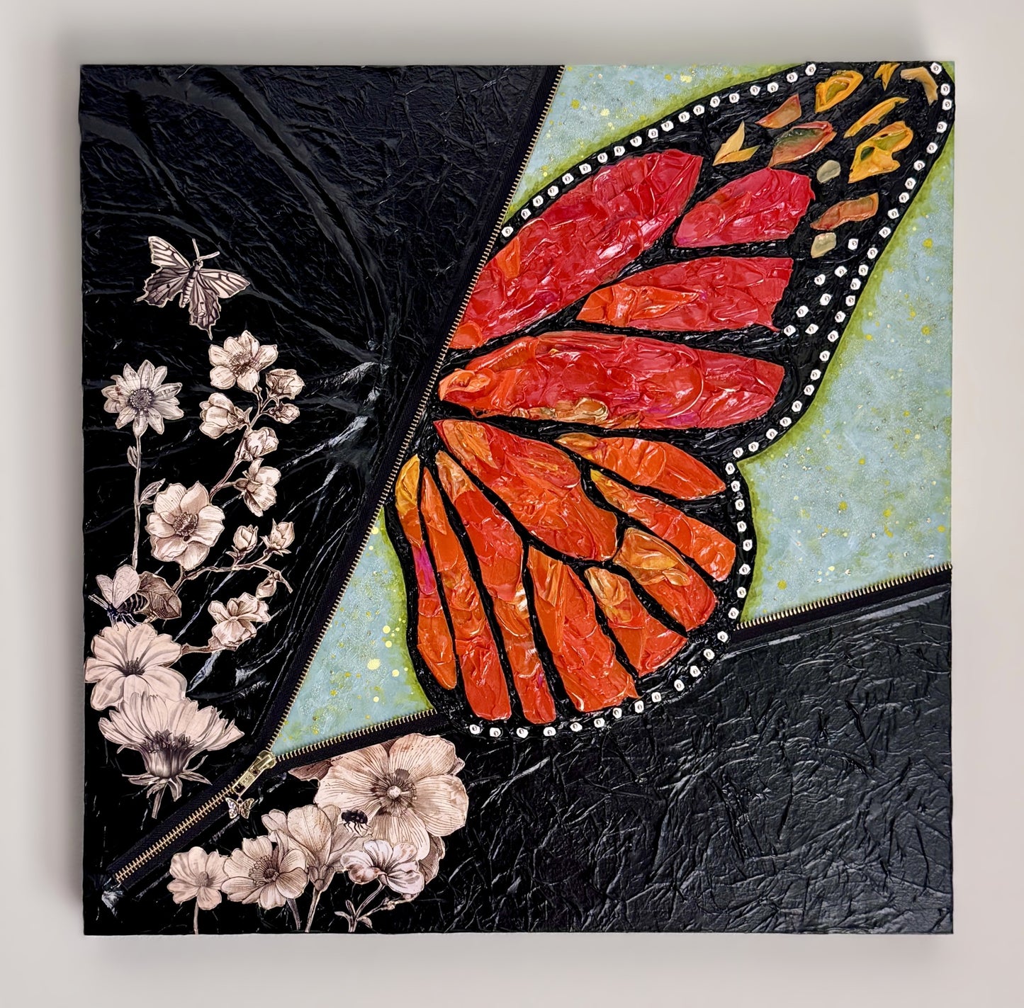 Revealed | Original Butterfly Mixed Media Wall Art | Zipper Intervention | 20x20"
