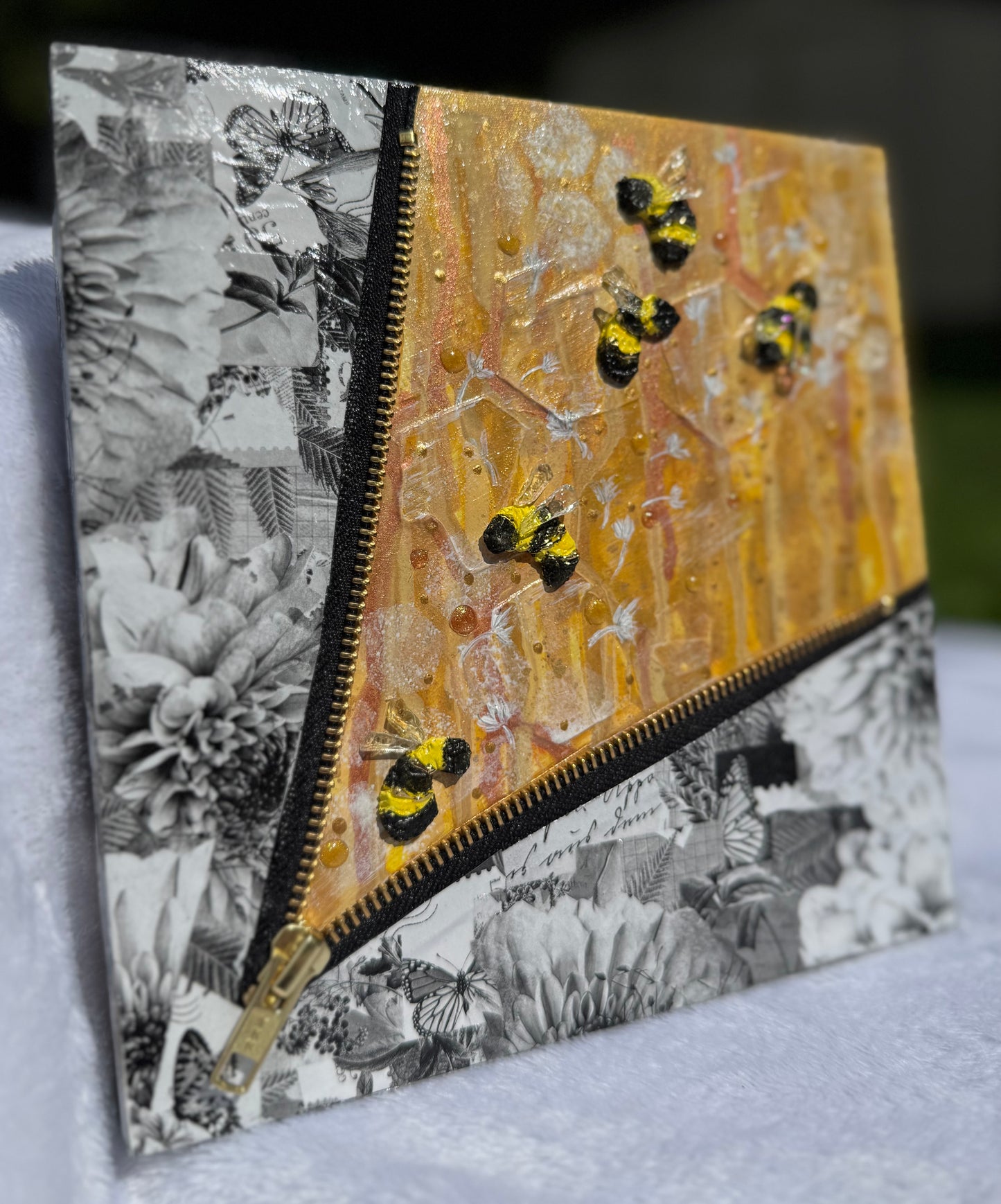 "Fly Bee Free"-3D handcrafted Bee Art with gold accents-Zipper Intervention