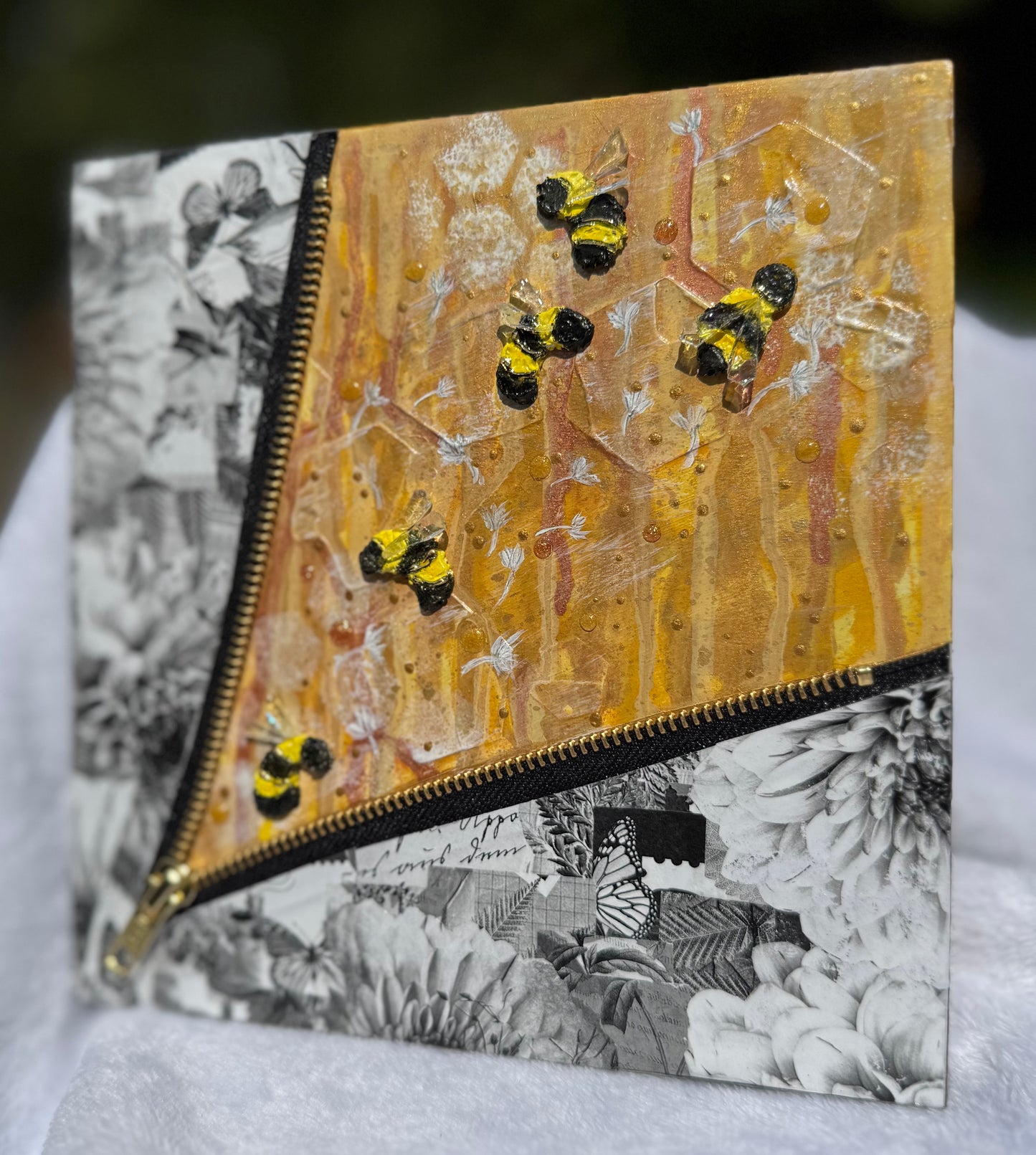 "Fly Bee Free"-3D handcrafted Bee Art with gold accents-Zipper Intervention