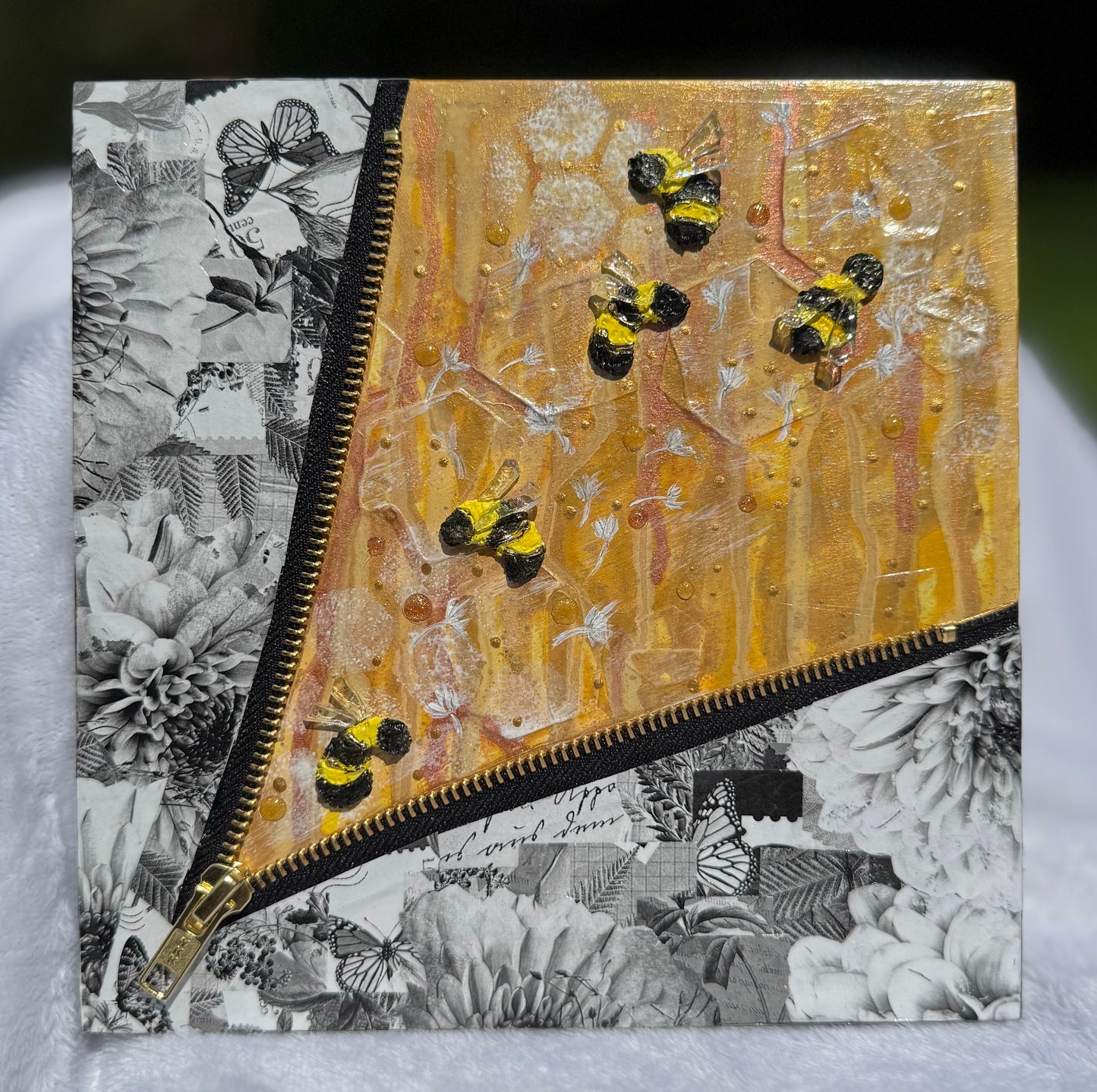 "Fly Bee Free"-3D handcrafted Bee Art with gold accents-Zipper Intervention