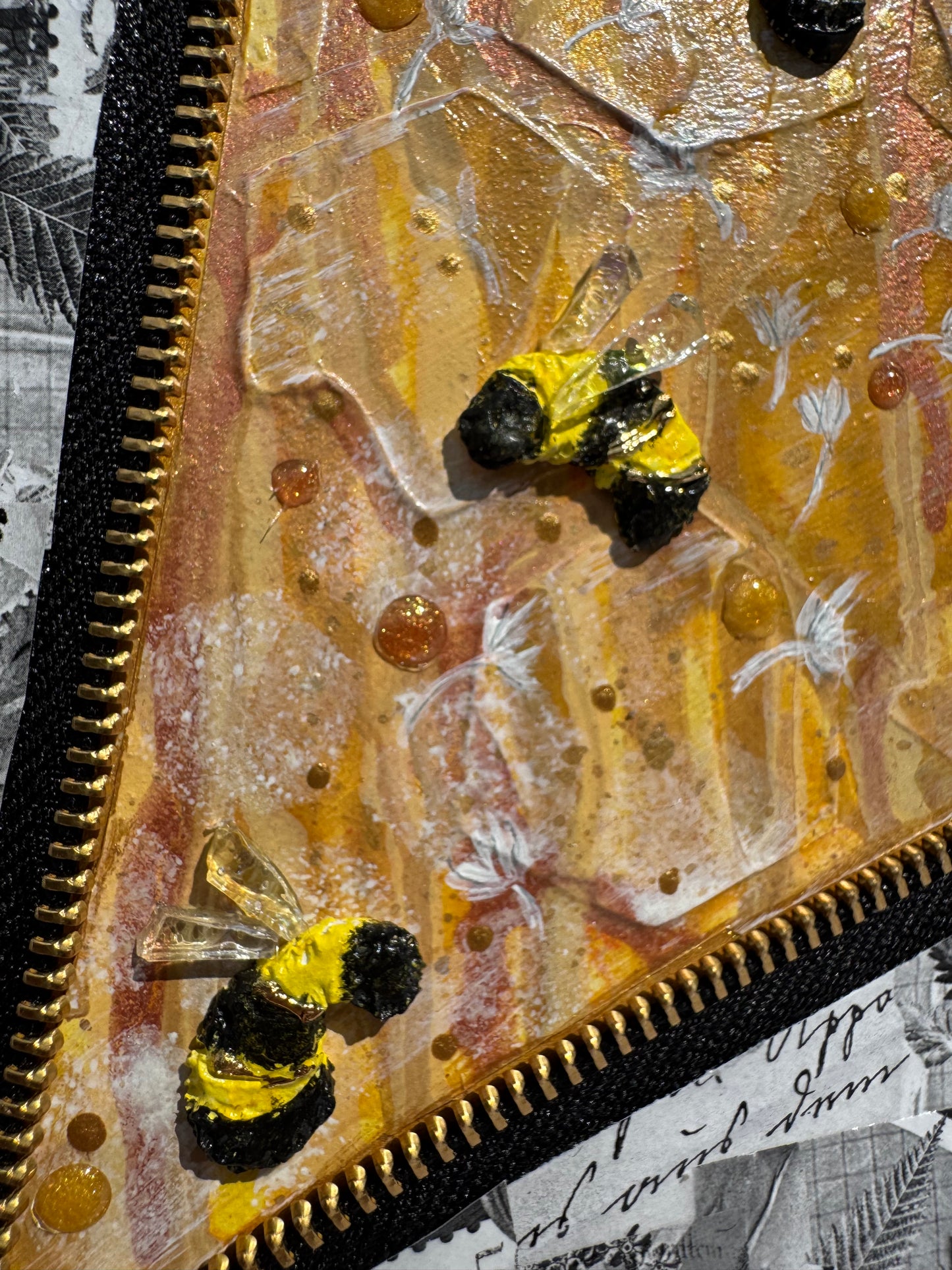 "Fly Bee Free"-3D handcrafted Bee Art with gold accents-Zipper Intervention
