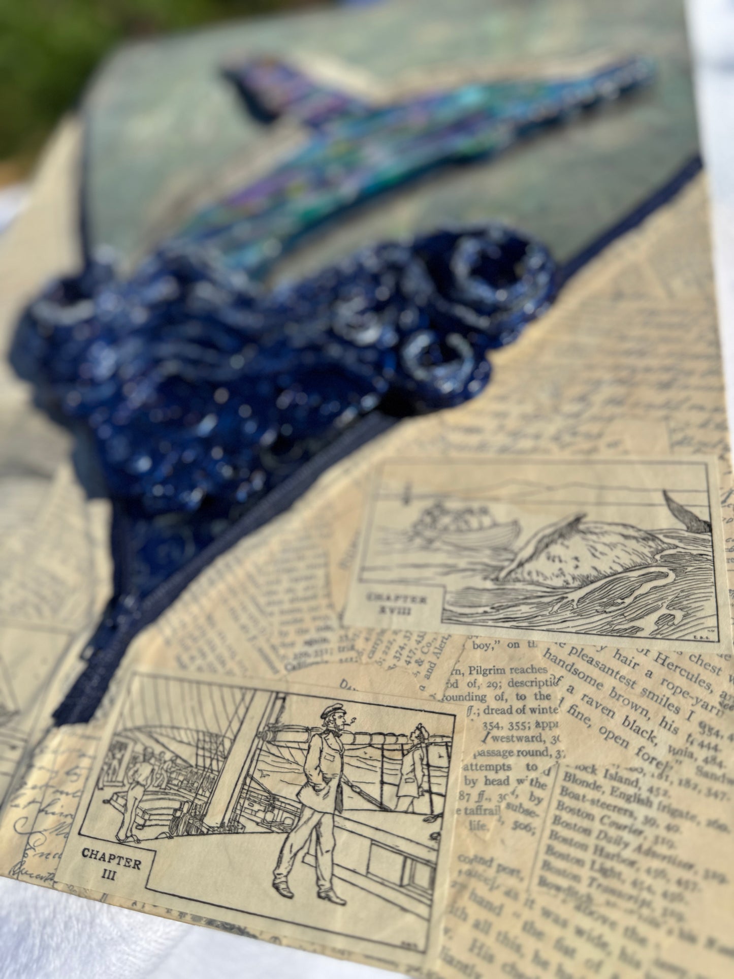 One-of-a-Kind Clay Whale Art with Antique Book Collage