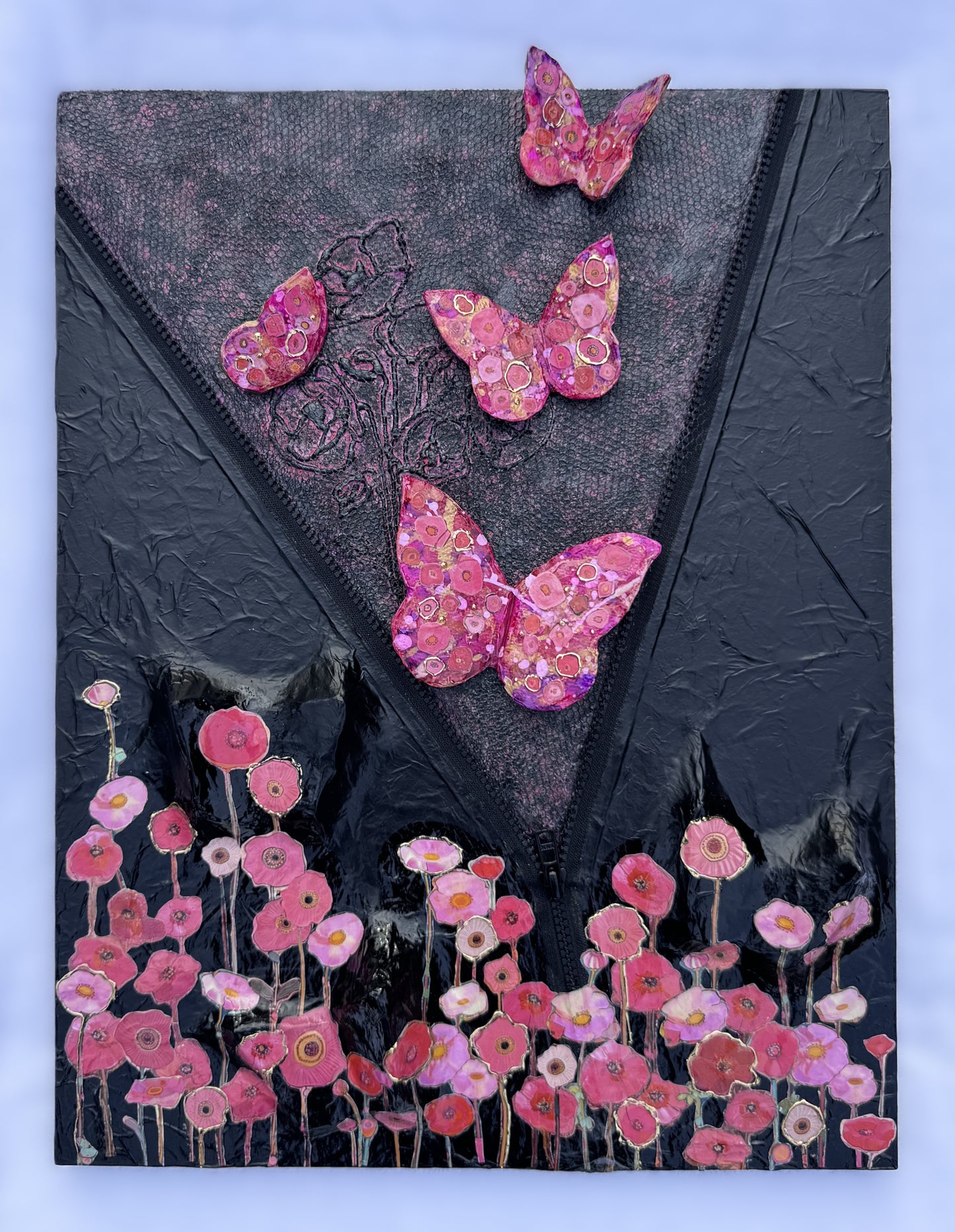 Striking 3-D Butterfly art with gold accents-Mixed Media-Zipper Intervention