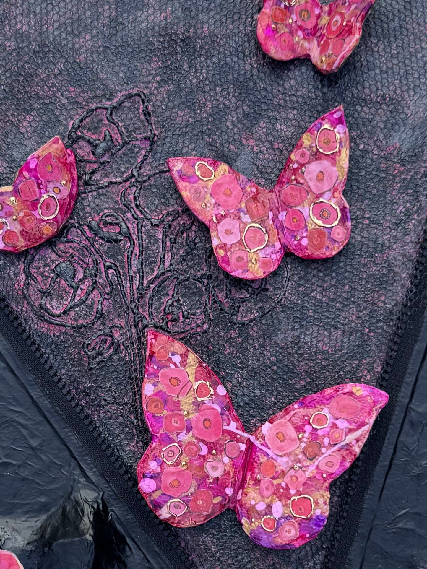 Striking 3-D Butterfly art with gold accents-Mixed Media-Zipper Intervention