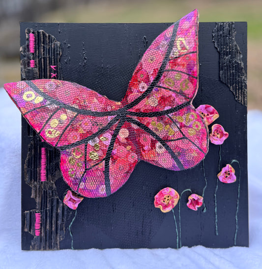 Bold Mixed Media Wall Art-Handcrafted 3D Butterfly and Poppies