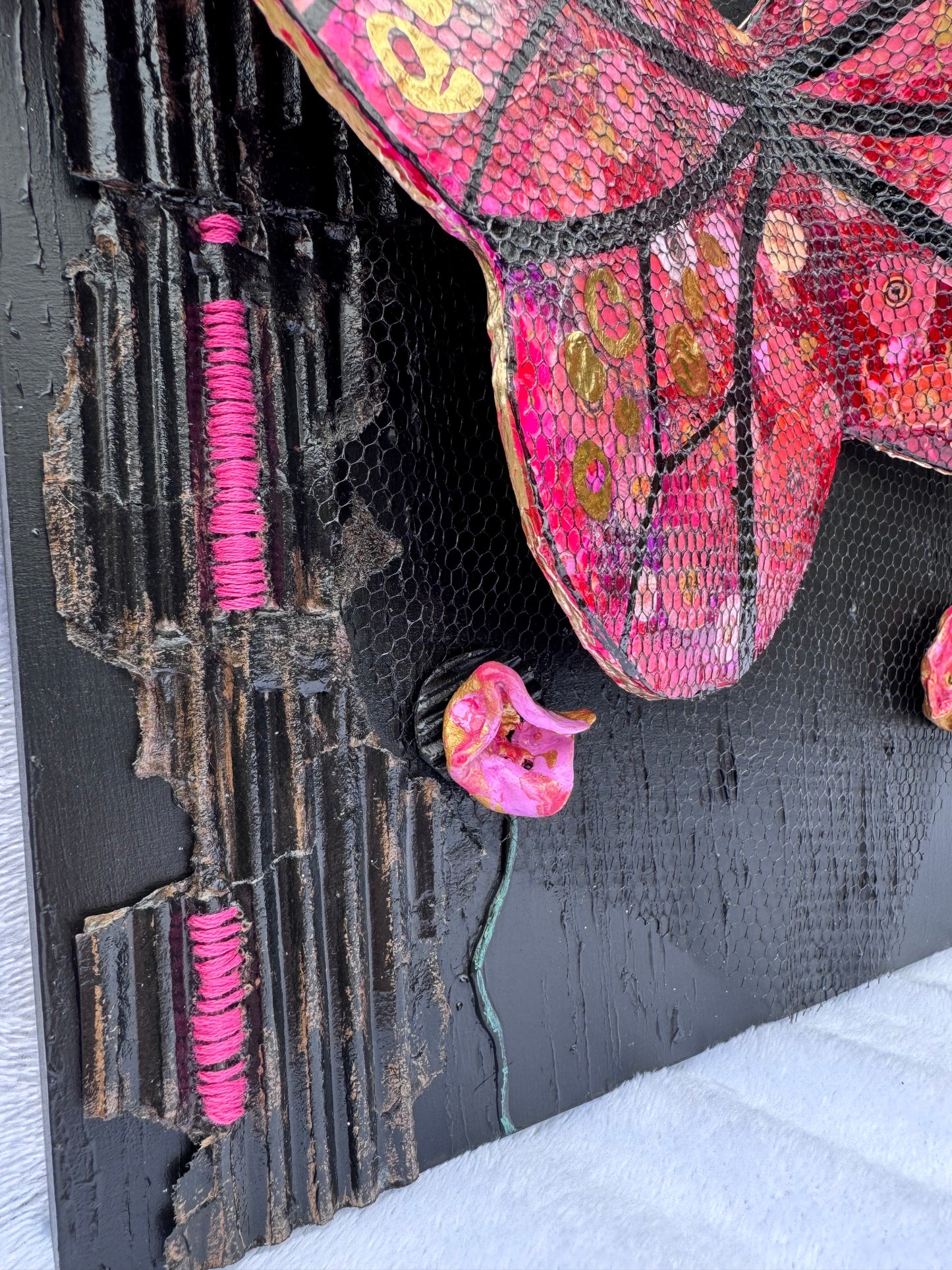 Bold Mixed Media Wall Art-Handcrafted 3D Butterfly and Poppies