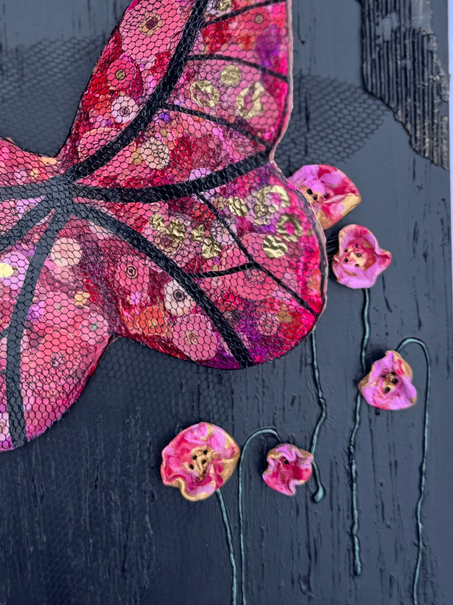 Bold Mixed Media Wall Art-Handcrafted 3D Butterfly and Poppies