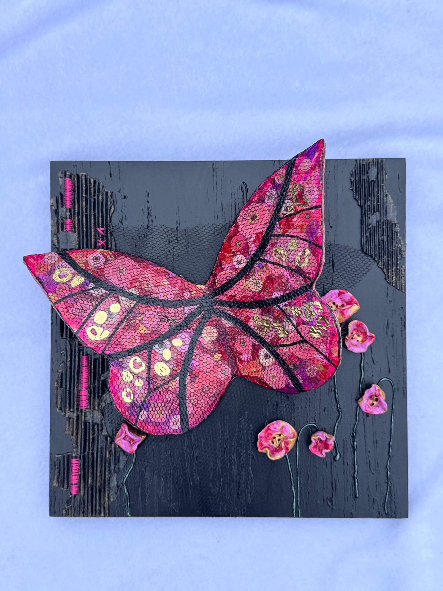 Bold Mixed Media Wall Art-Handcrafted 3D Butterfly and Poppies