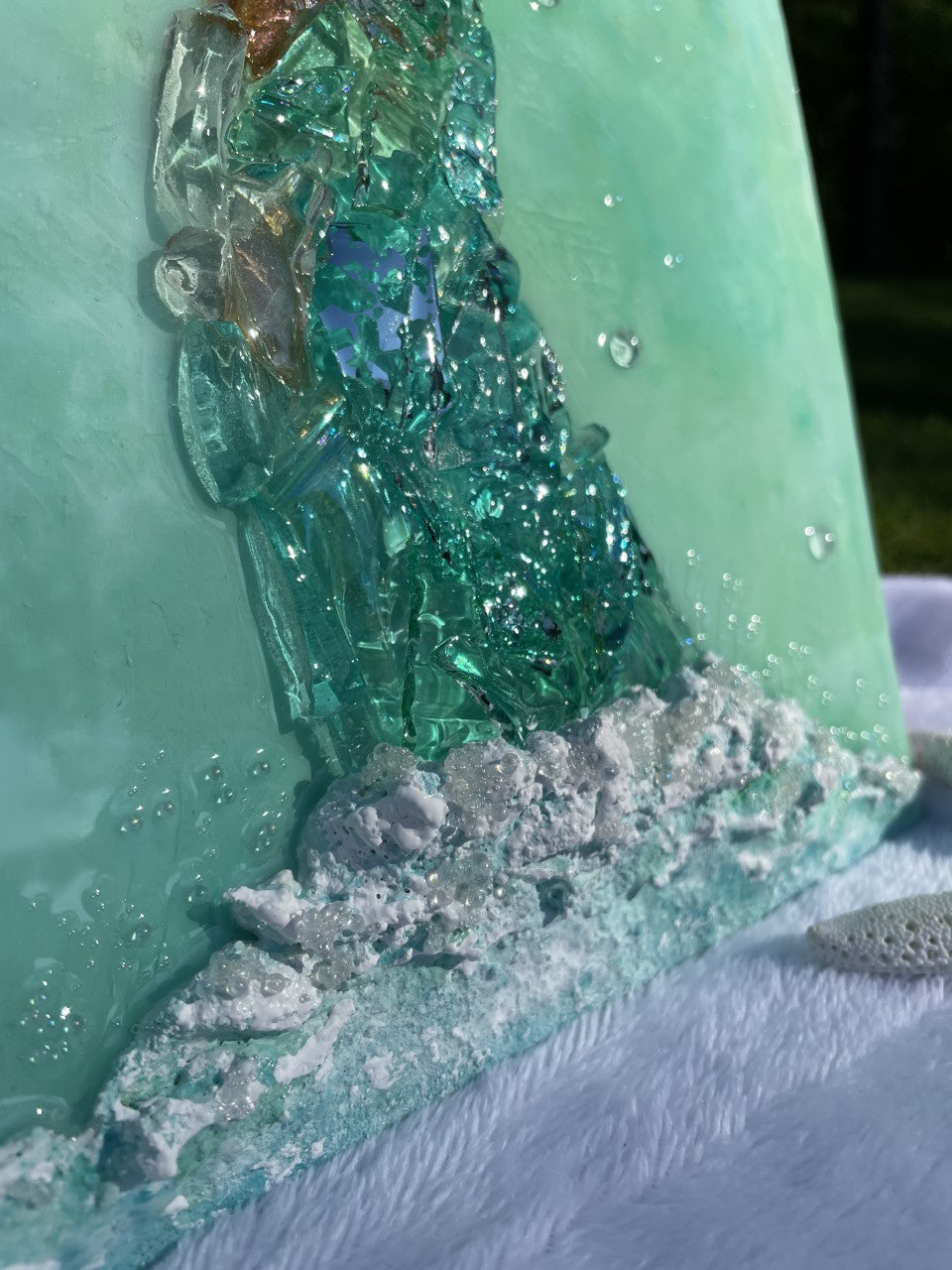 Aqua crushed glass mermaid tail and resin home decor