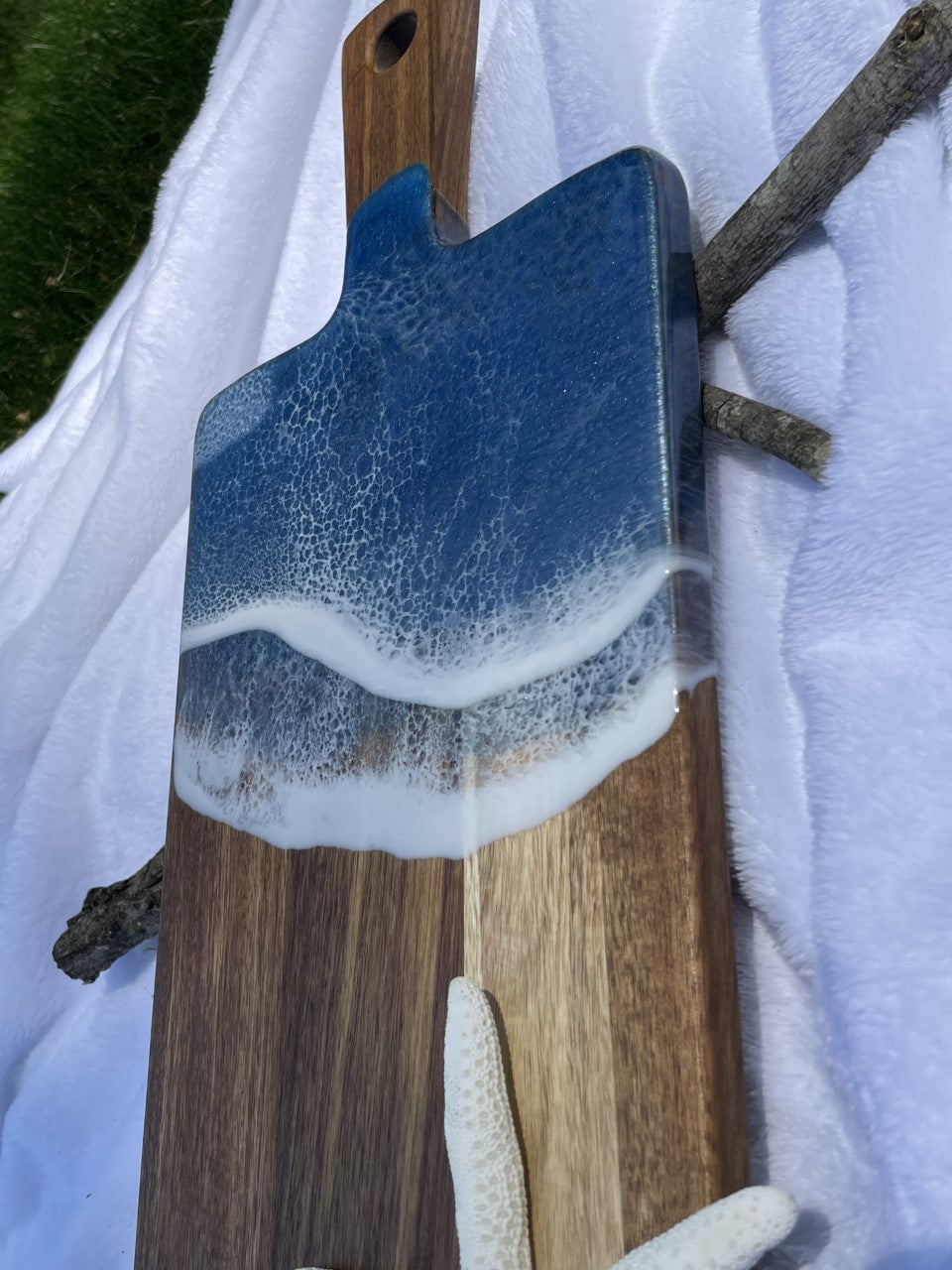 Iridescent blue resin ocean wave charcuterie board/platter