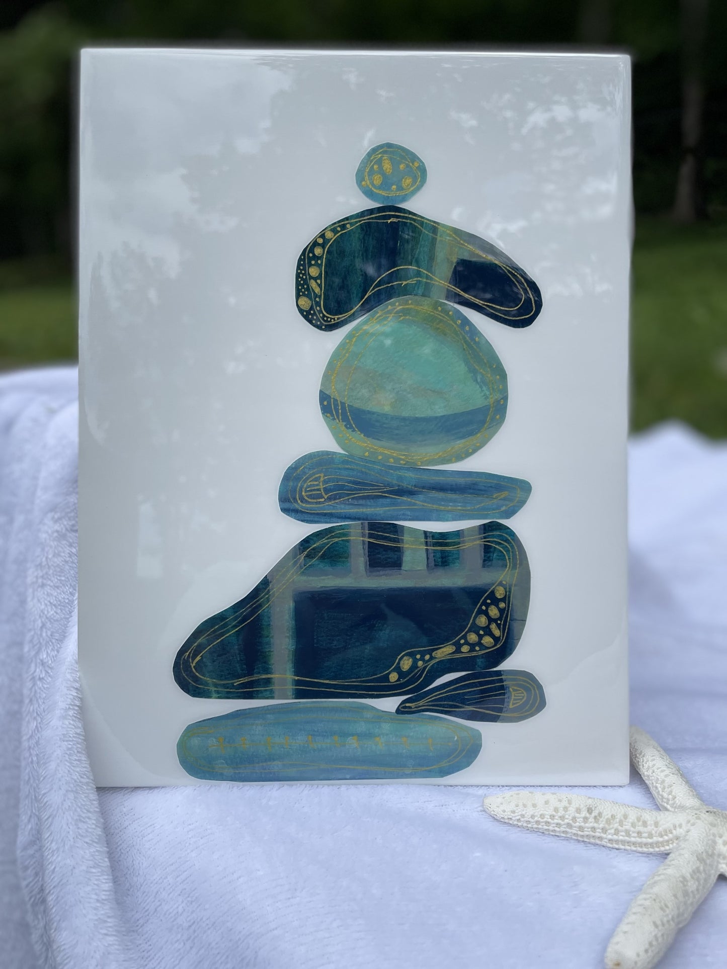 Balancing Rocks abstract wall art in blues with gold accents