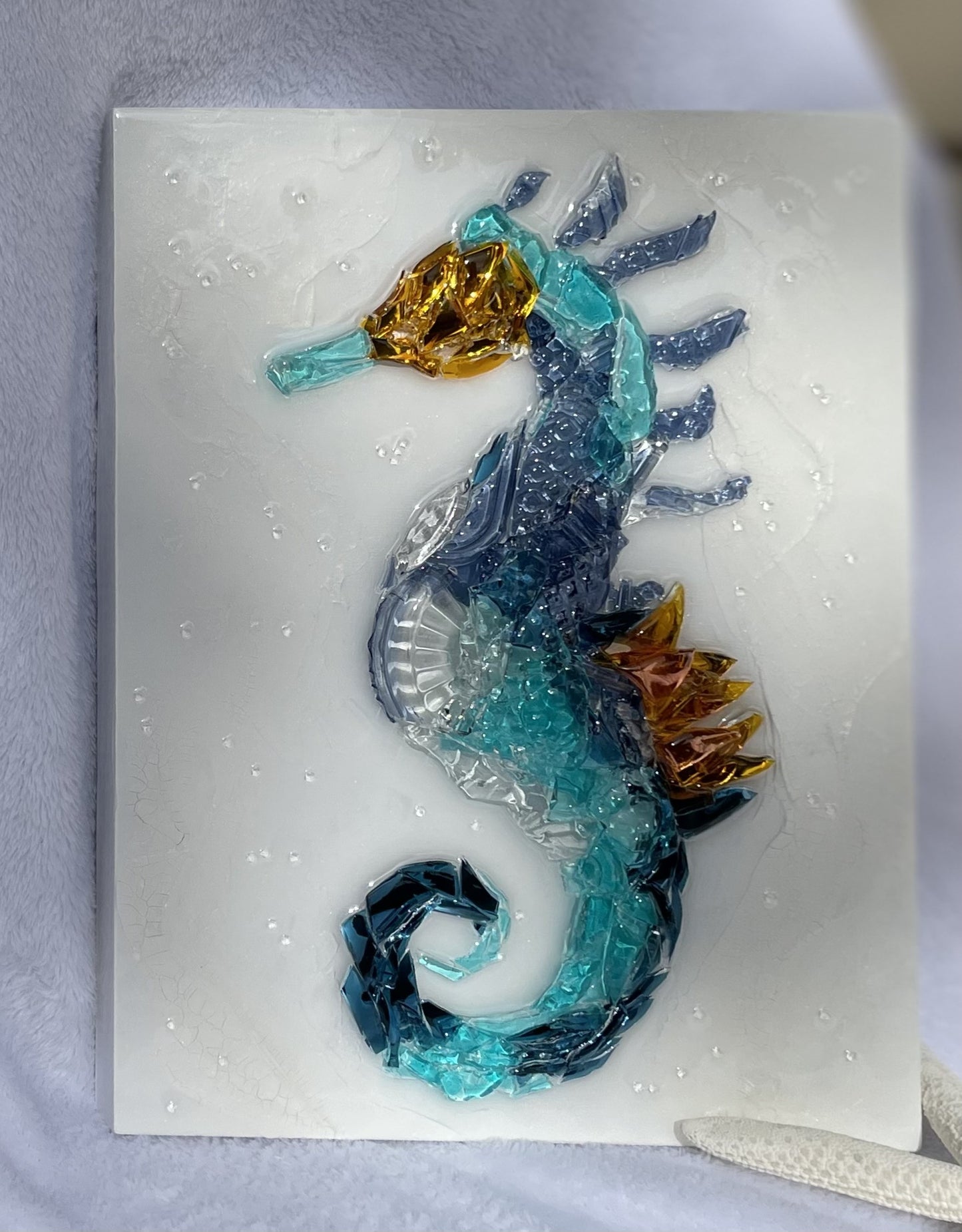 Colorful shattered glass and resin seahorse wall decor