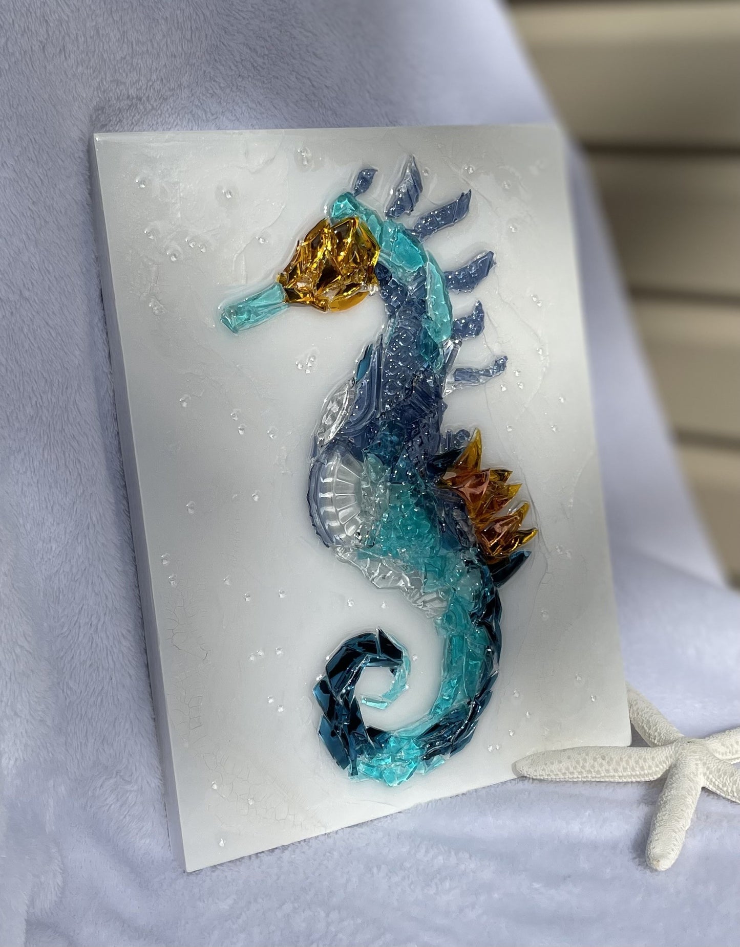 Colorful shattered glass and resin seahorse wall decor