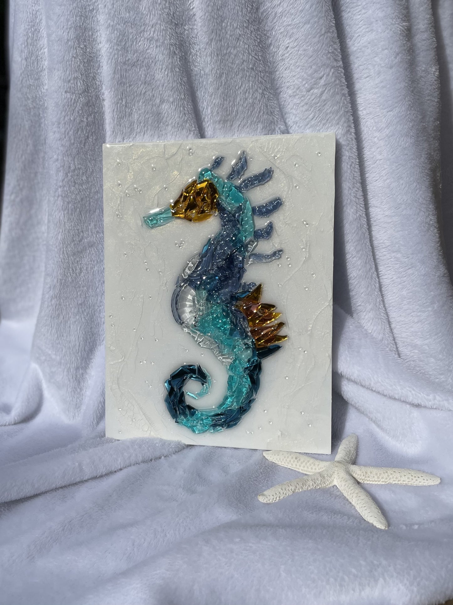 Colorful shattered glass and resin seahorse wall decor