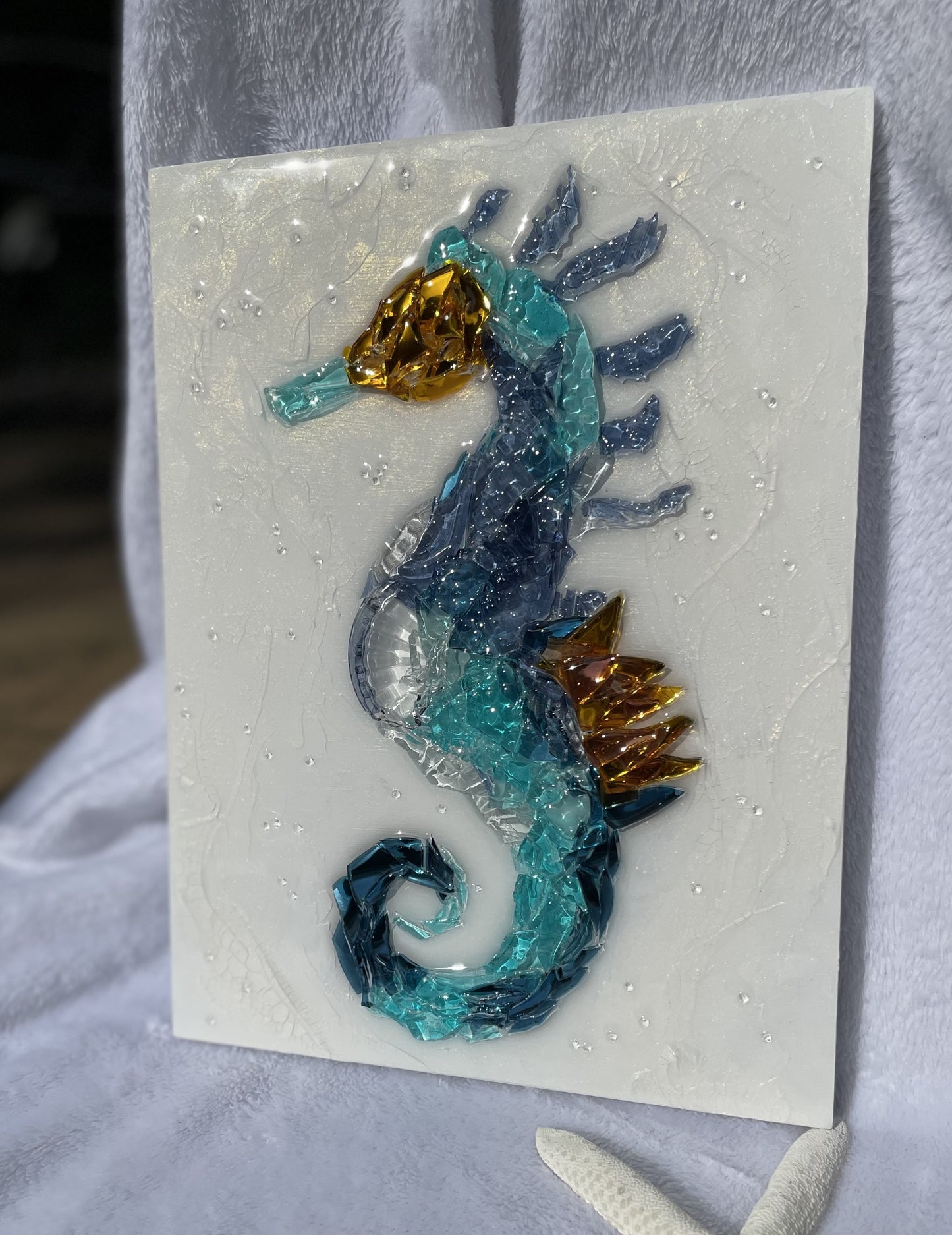 Colorful shattered glass and resin seahorse wall decor